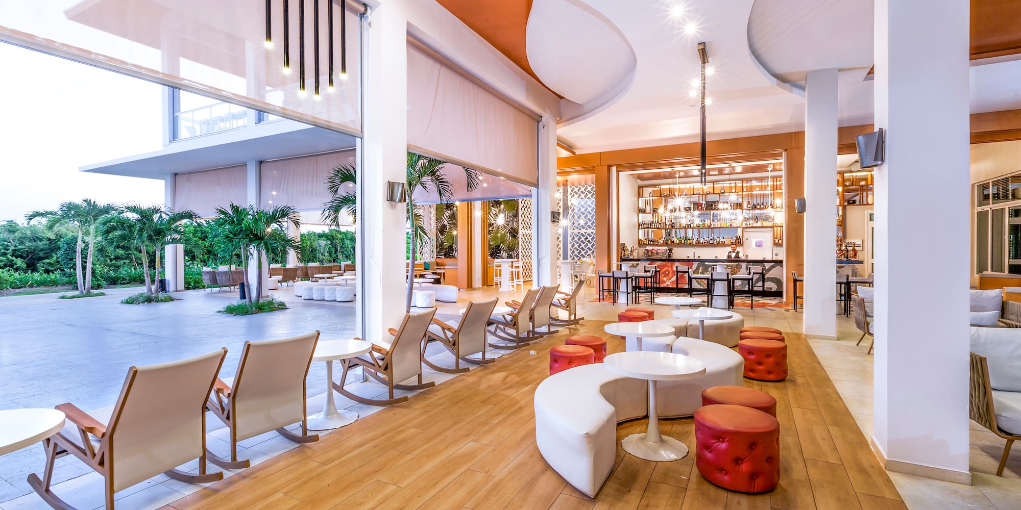 a room with tables and chairs