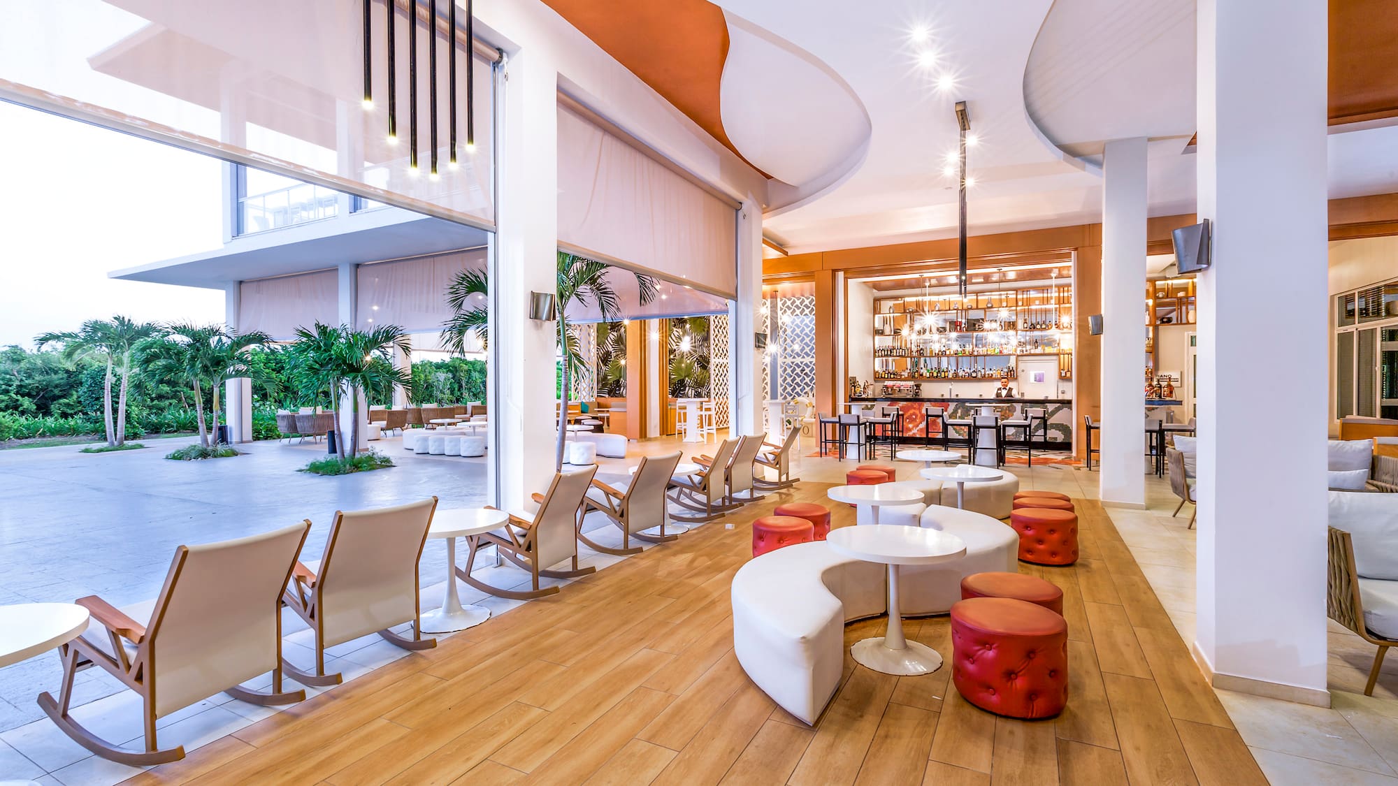 a room with tables and chairs