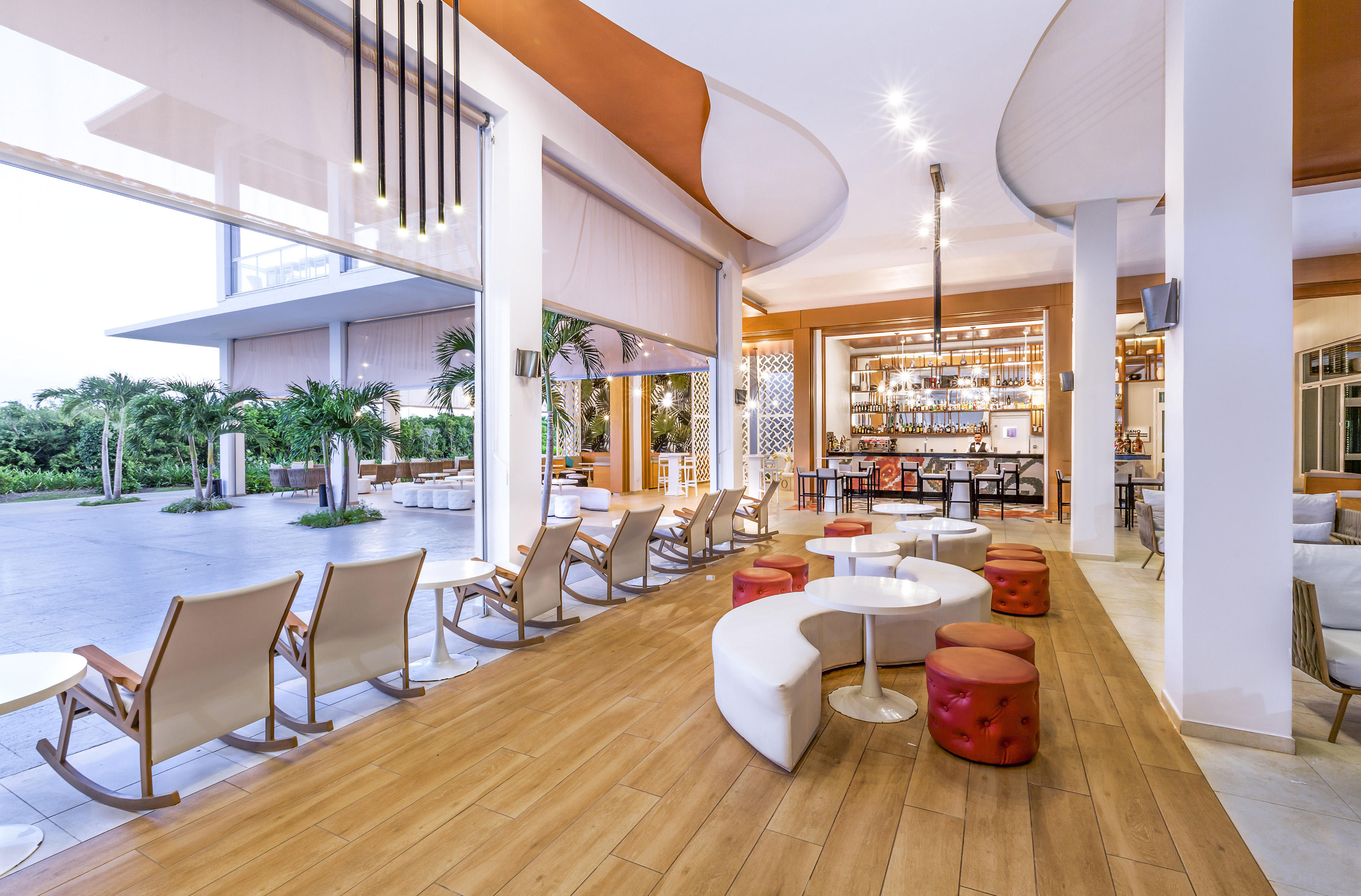 a room with tables and chairs