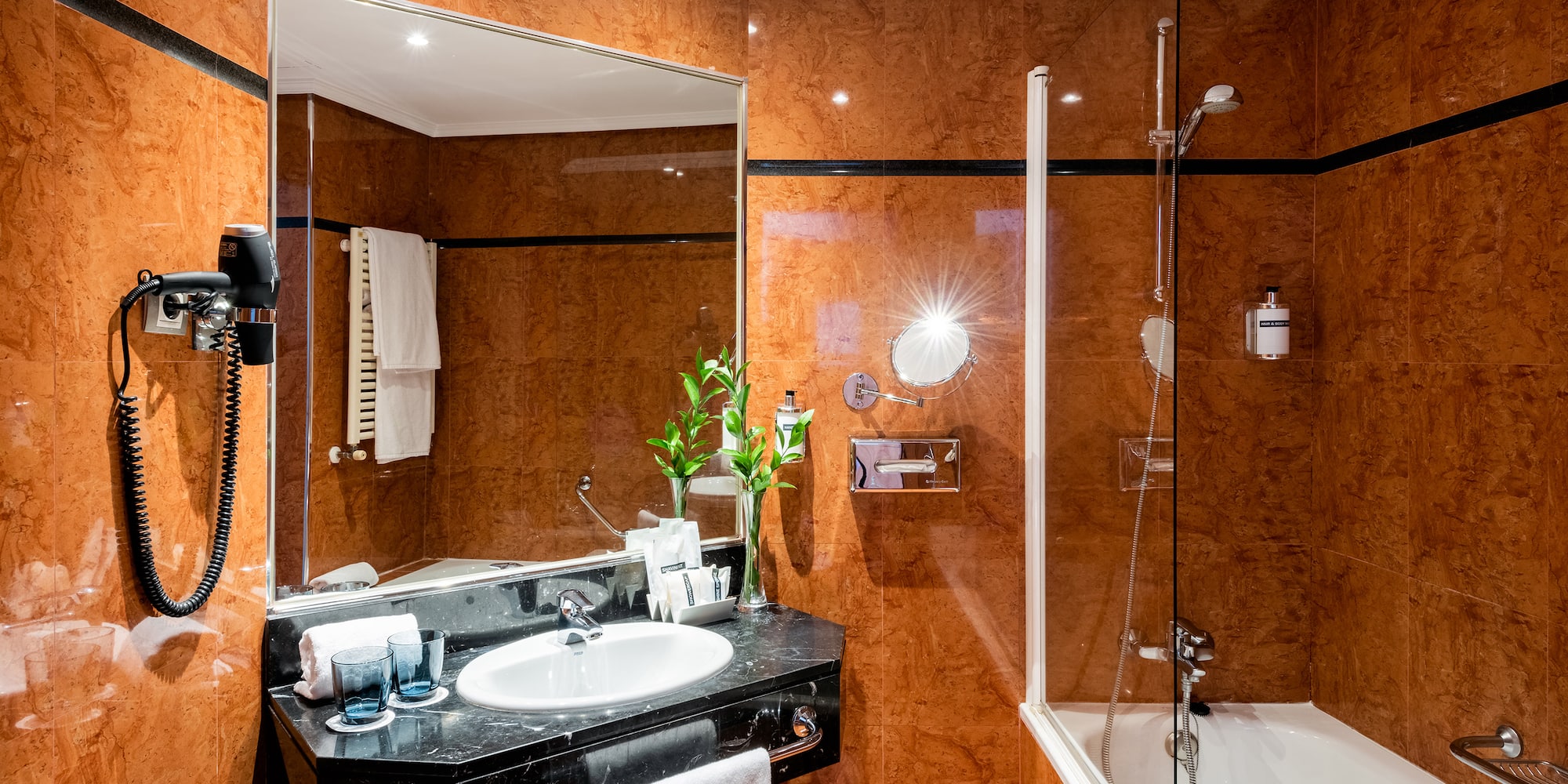 a bathroom with a sink and a shower