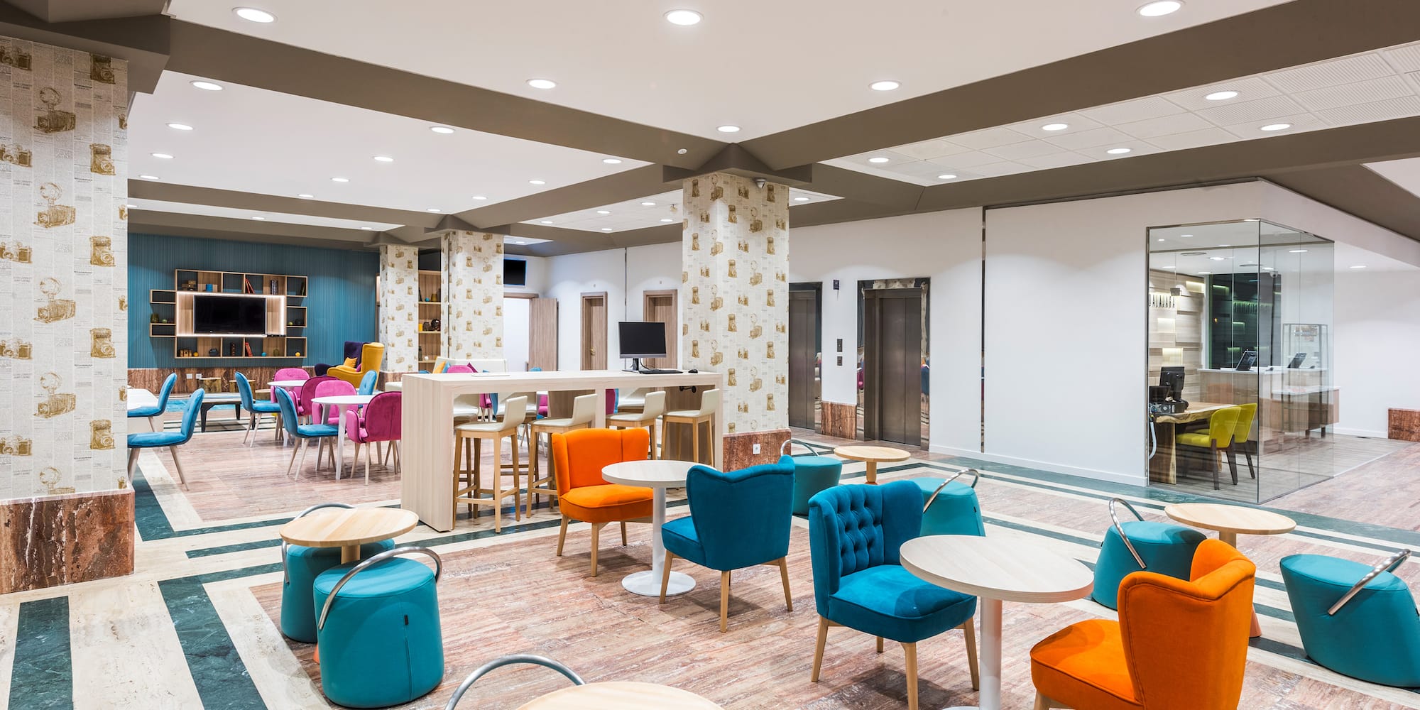 a room with tables and chairs