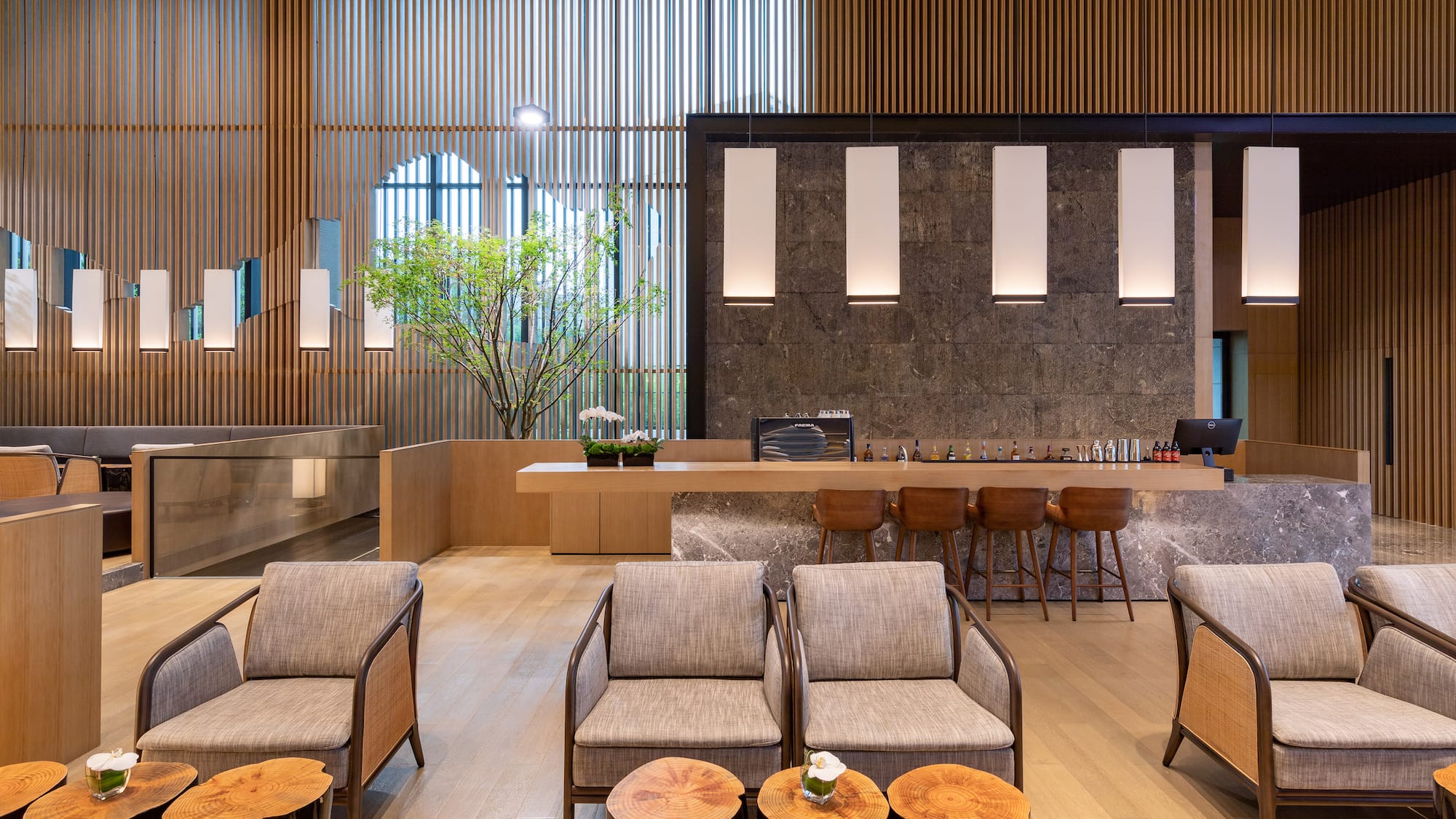 a room with chairs and tables