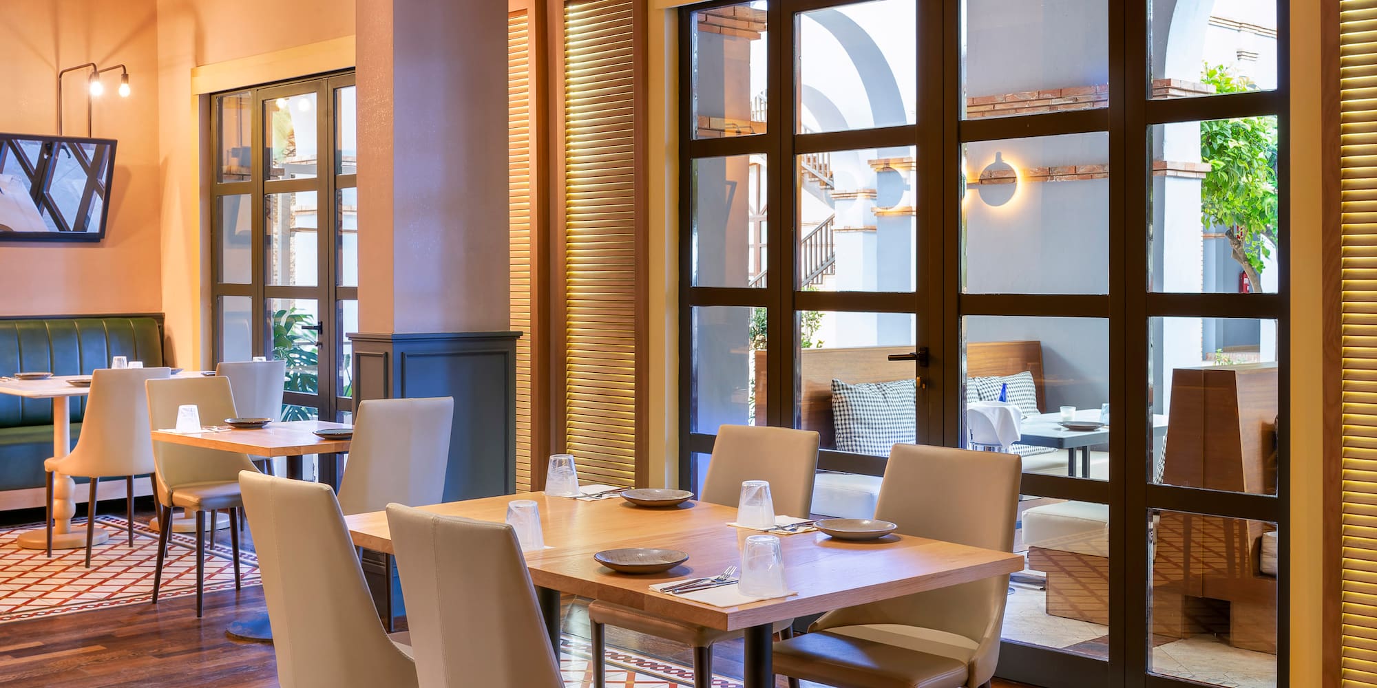 a room with tables and chairs