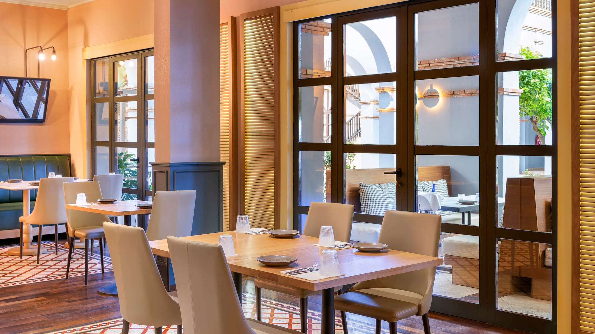 a room with tables and chairs