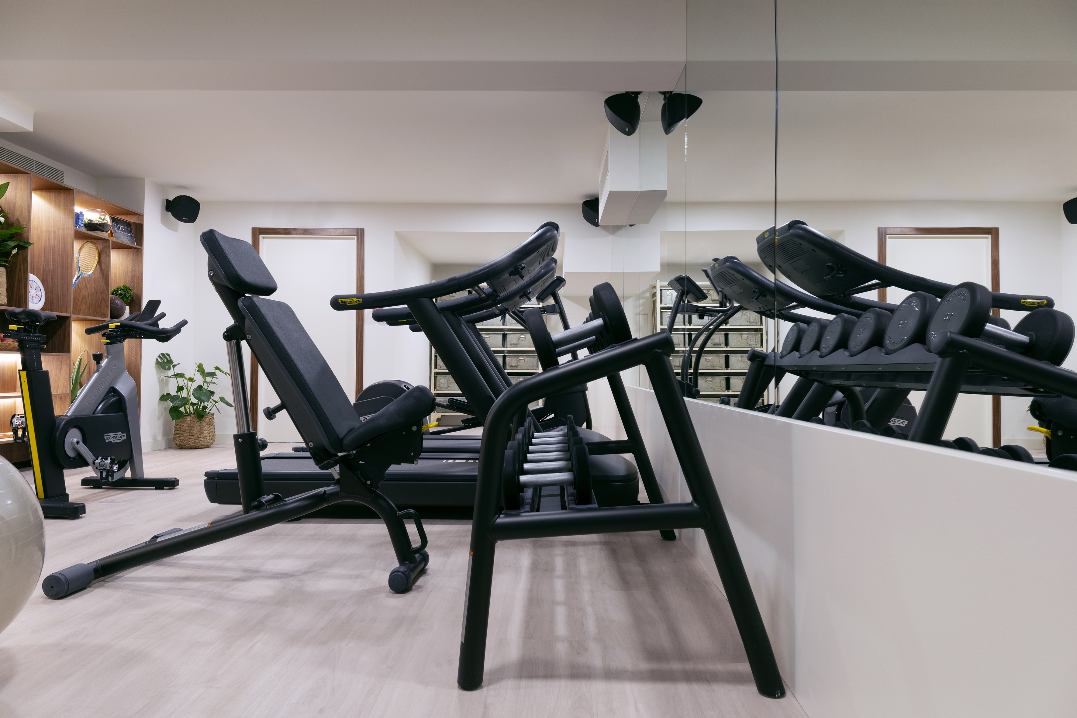 Modern gym with Technogym bike, dumbbell rack, weight bench, and treadmill.