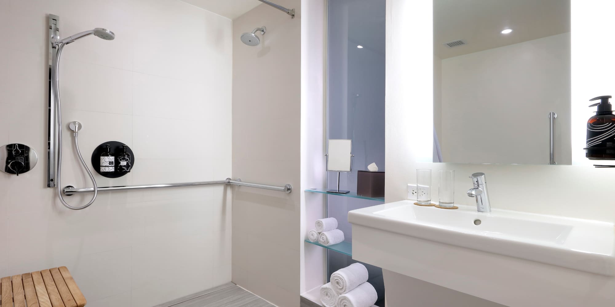 a bathroom with a shower and sink