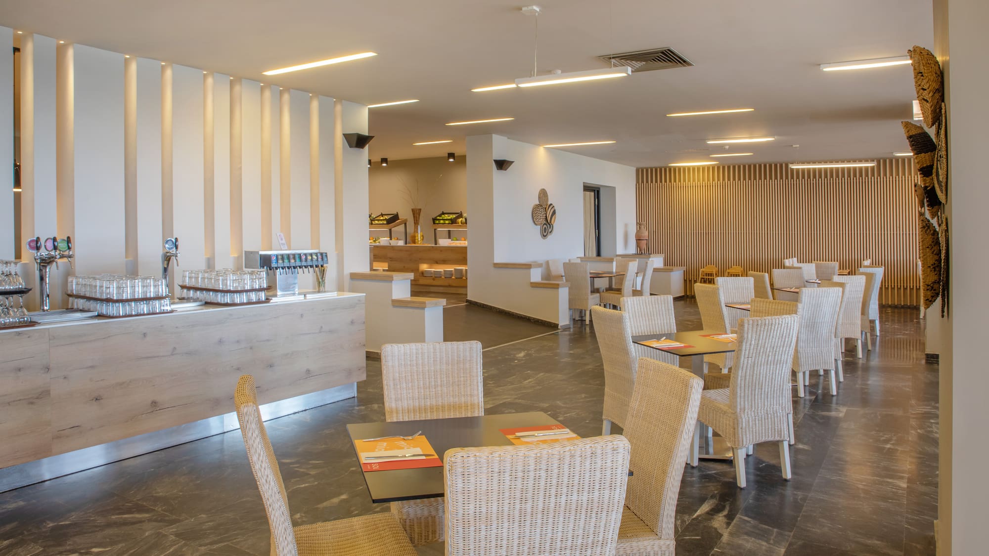 a room with tables and chairs