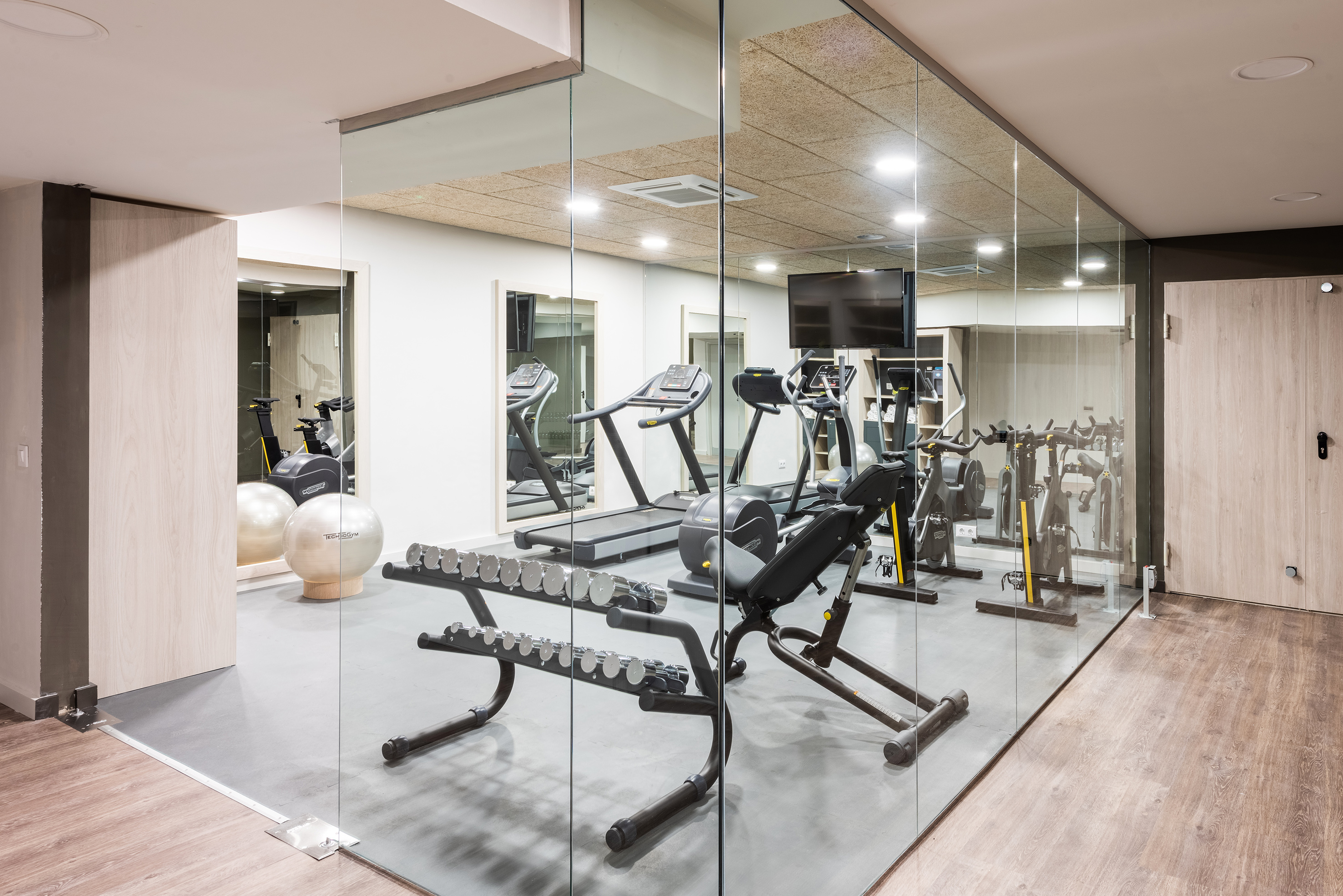 Sleek hotel gym with cardio machines, free weights, and glass partition.