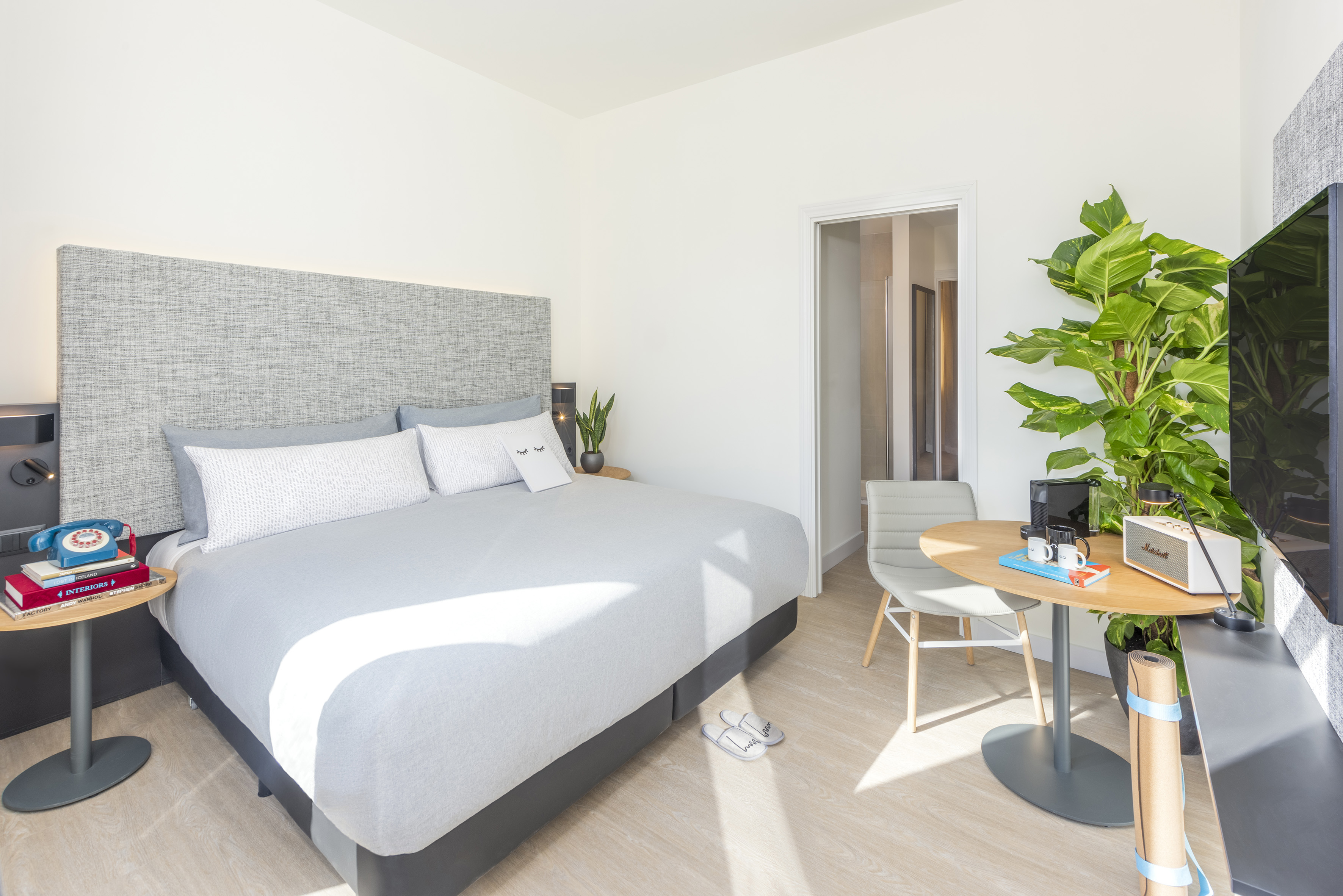 Bright, modern hotel bedroom with large bed, plant, and a workspace.