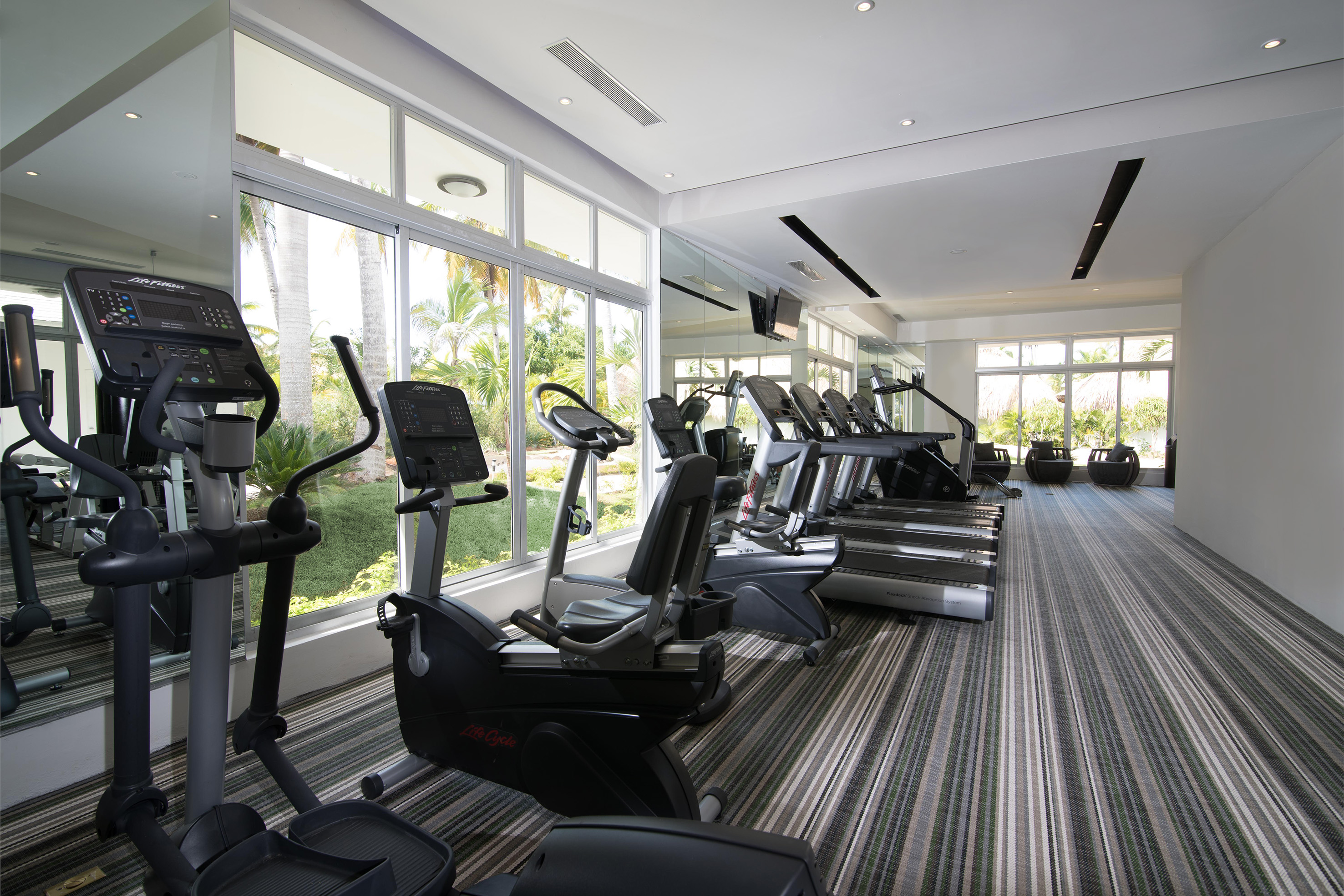 Modern gym with treadmills, ellipticals, and tropical outdoor views.