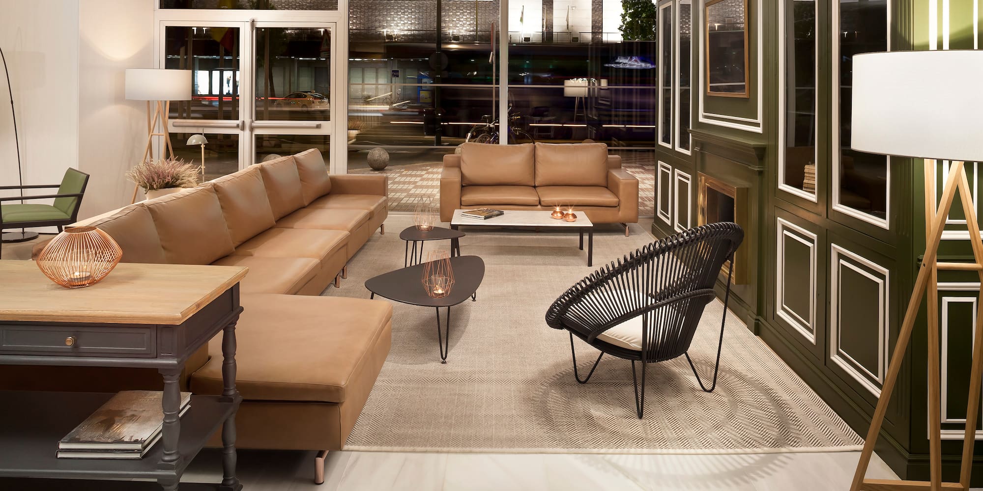 a living room with a couch and a fireplace