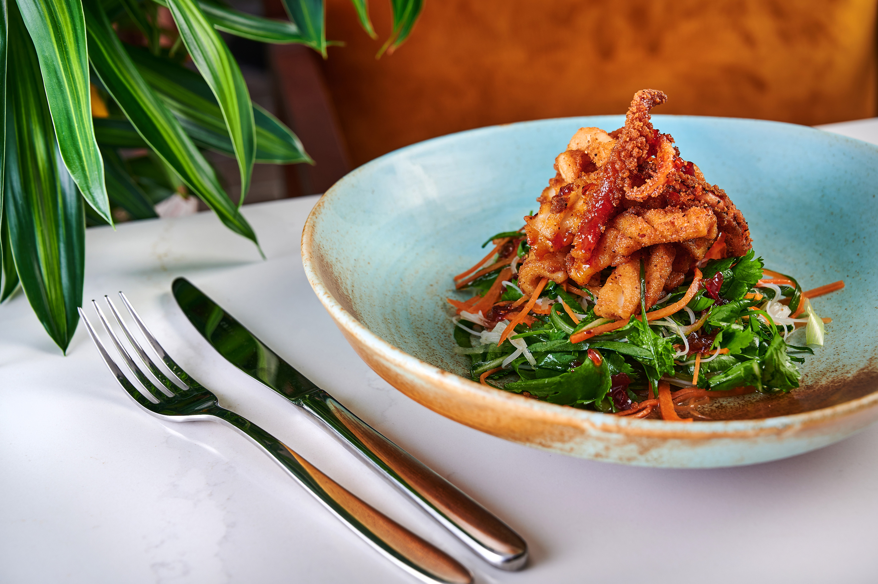 Crispy fried calamari salad with chili sauce, shredded carrots, and greens.