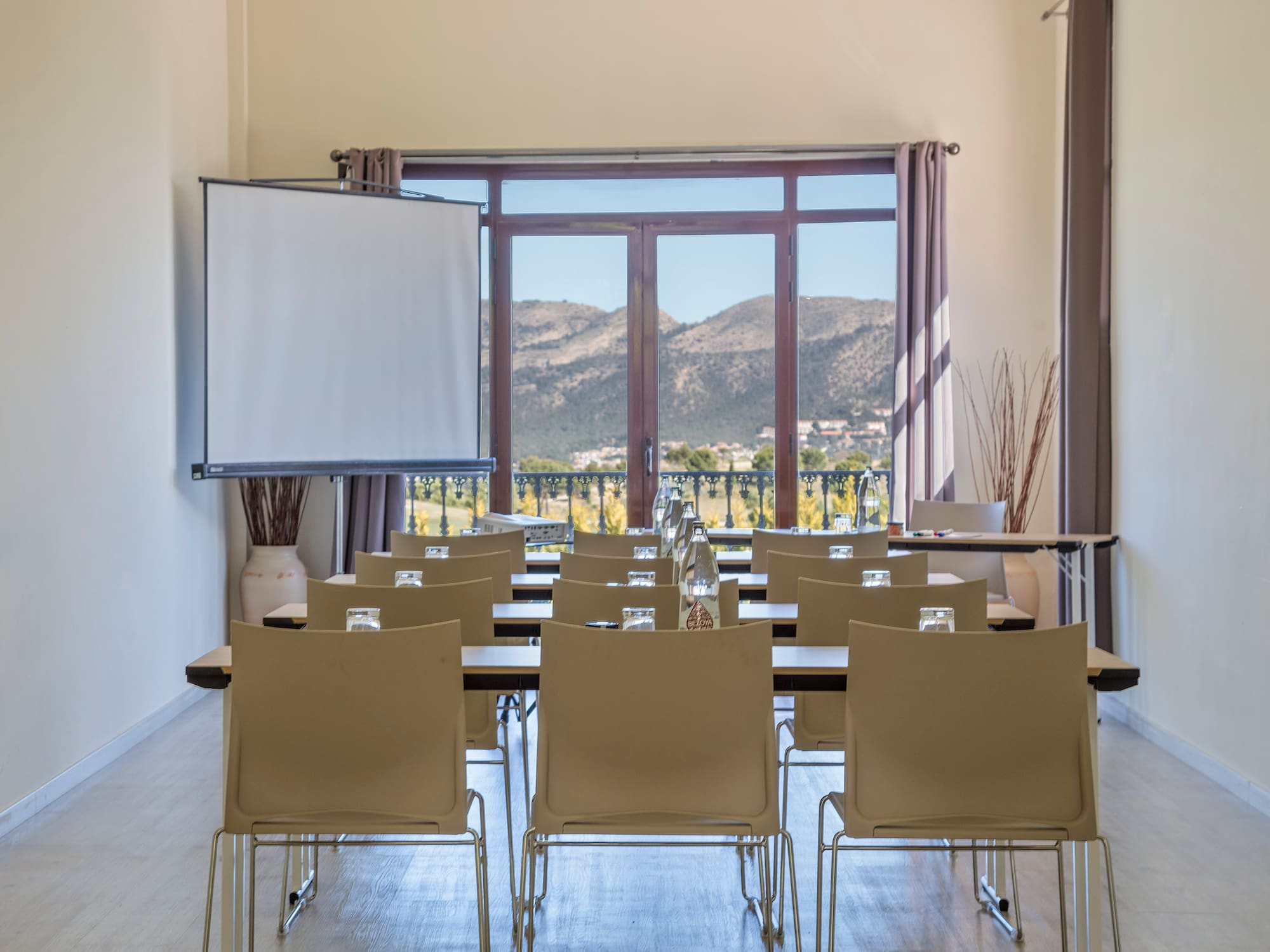 a room with tables and chairs