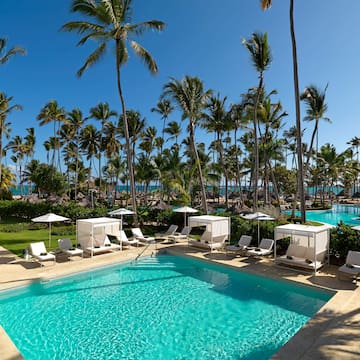 a pool with chairs and umbrellas surrounded by palm trees