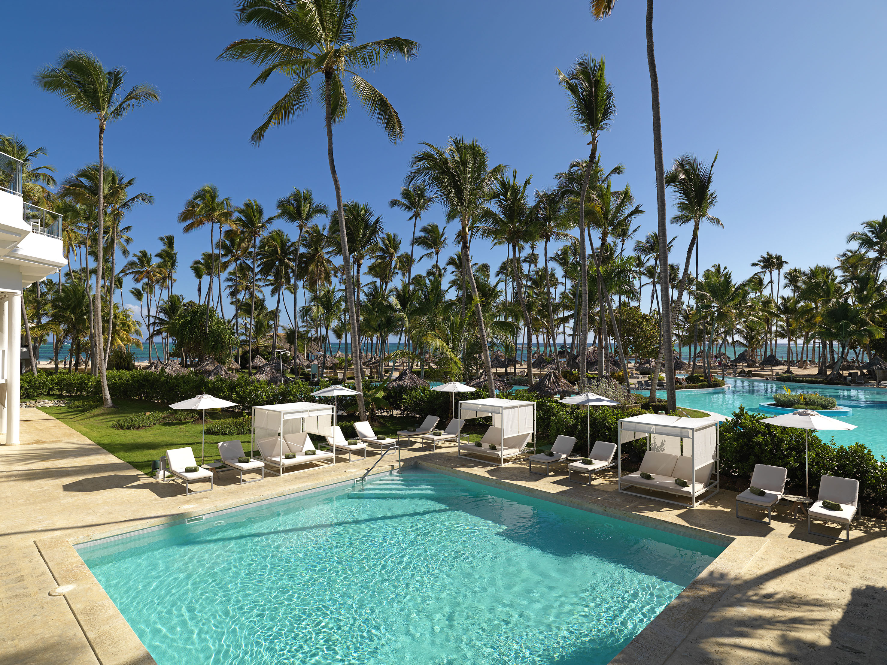 Tropical resort pool, palm trees, white cabanas, and ocean backdrop.