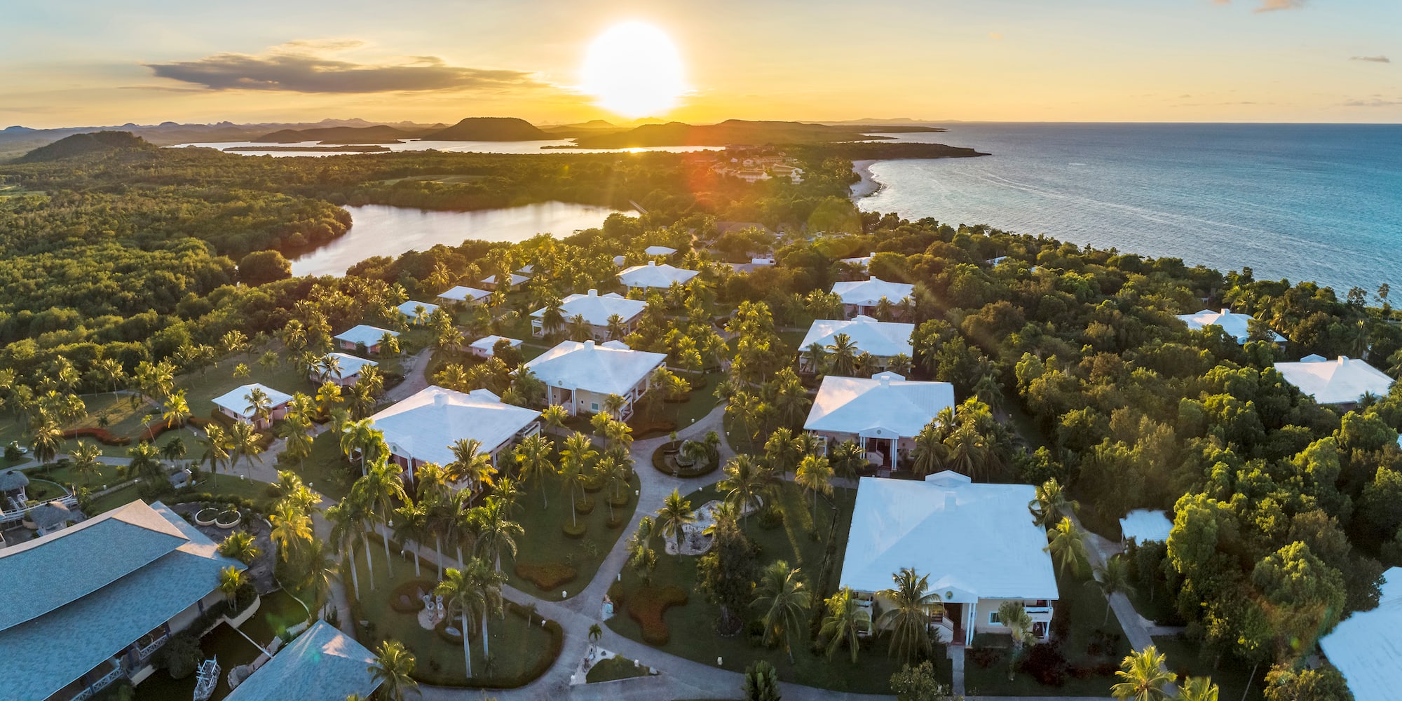 a group of houses surrounded by trees and water