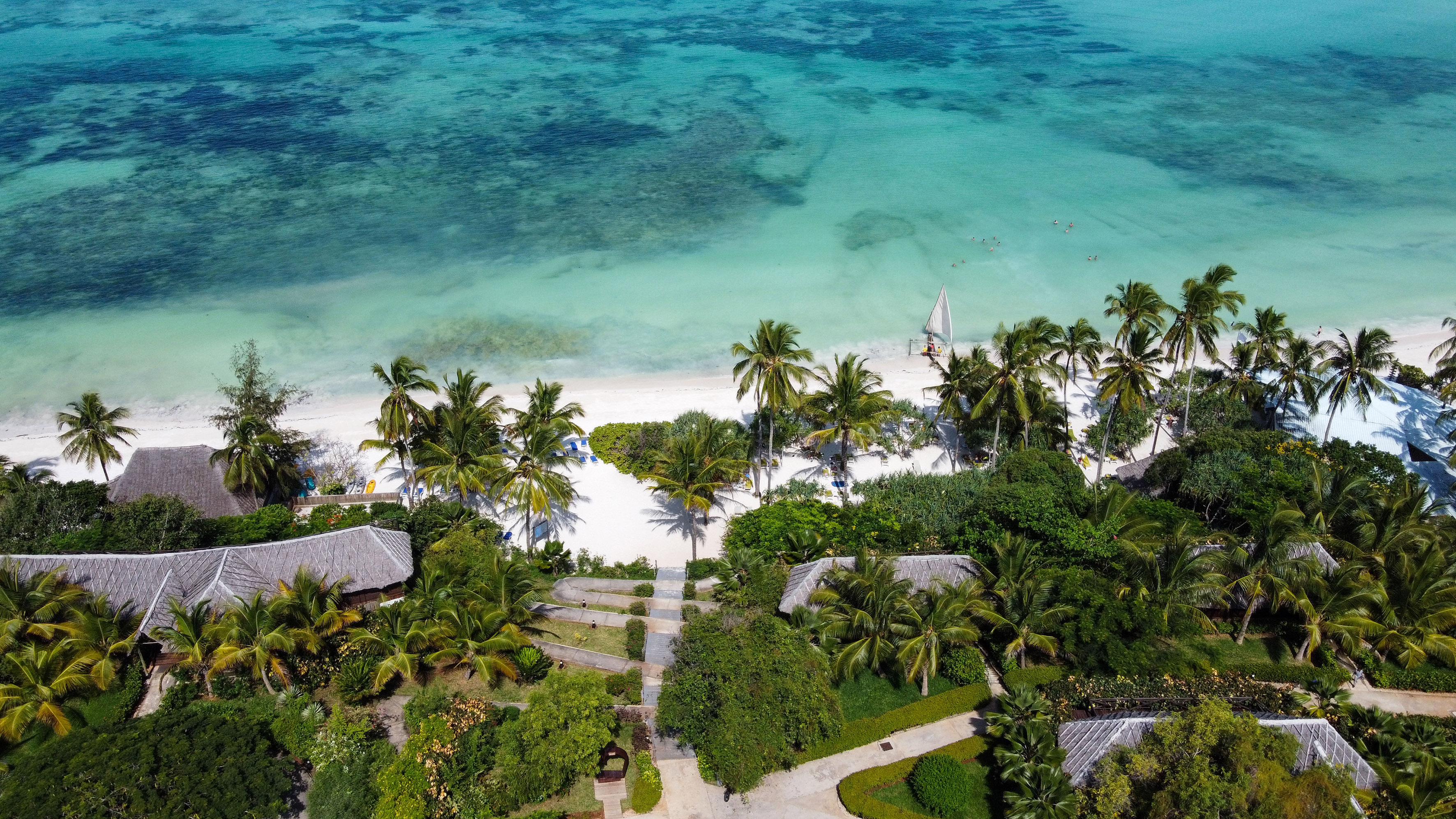 White sand tropical beach, turquoise ocean, palm trees, and resort bungalows.