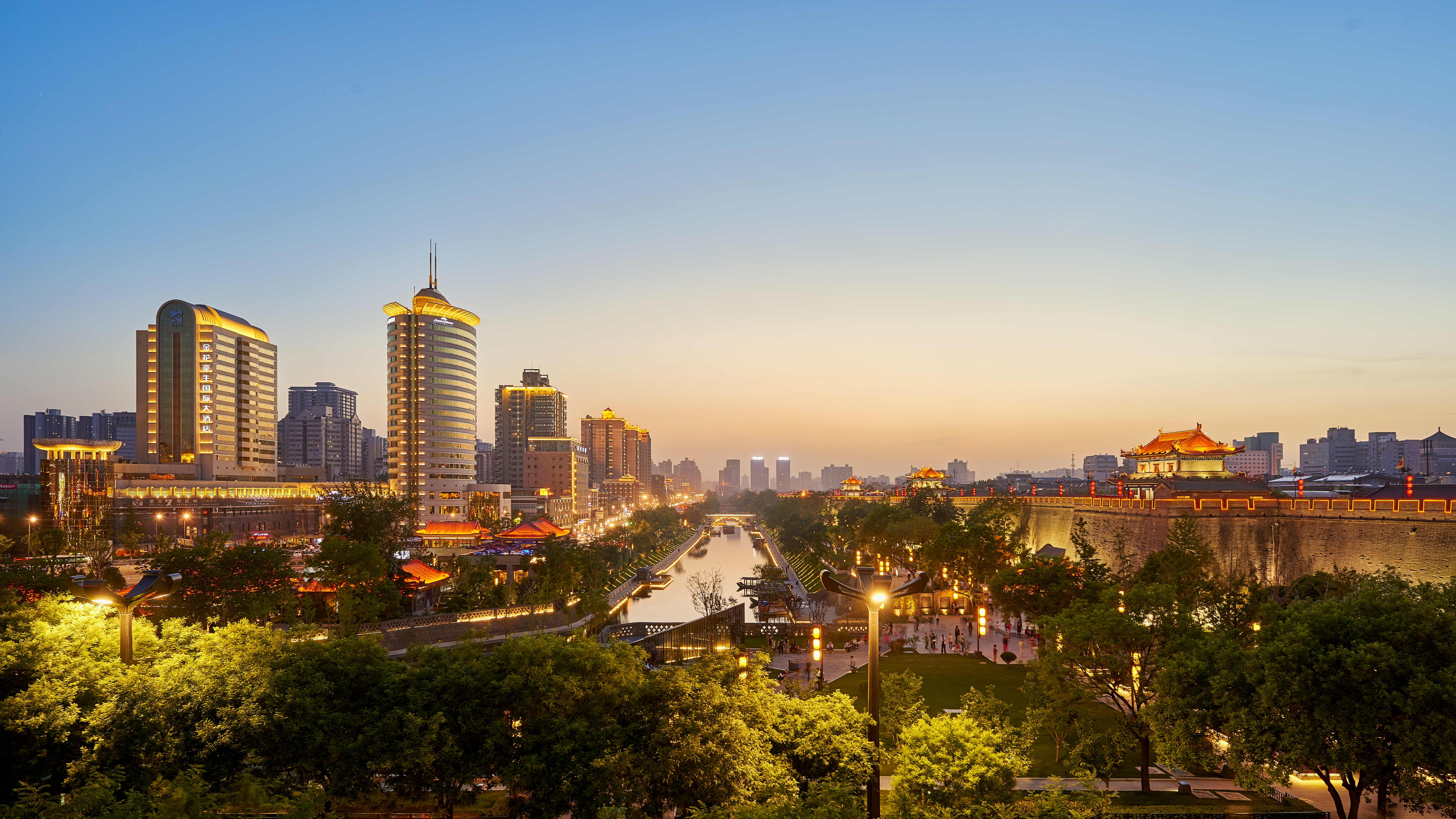 a city with lights and trees