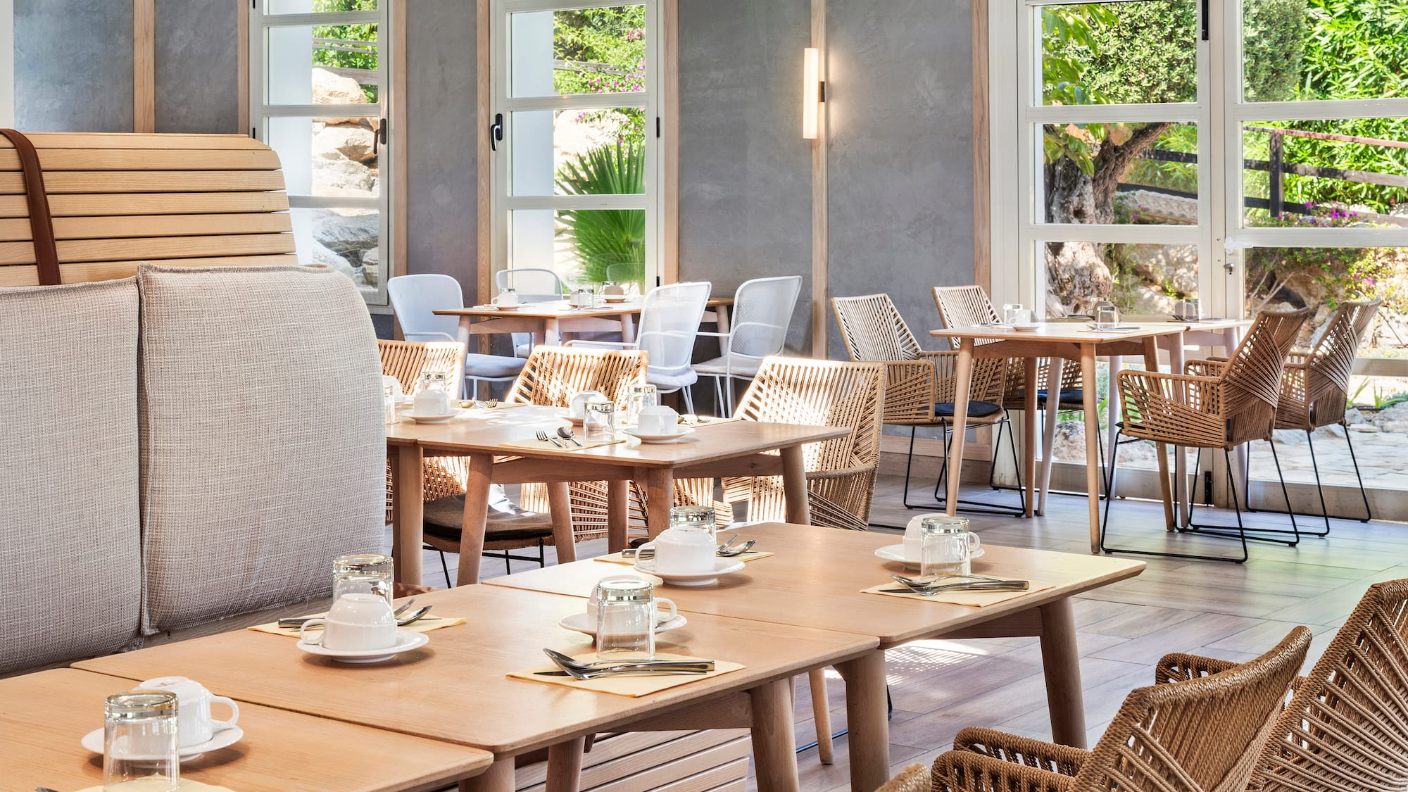 a room with tables and chairs