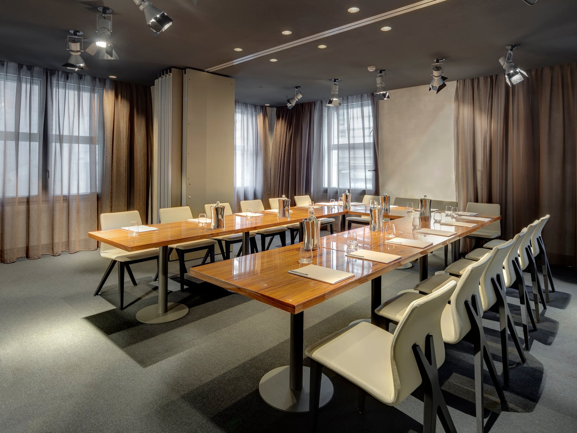 a room with tables and chairs