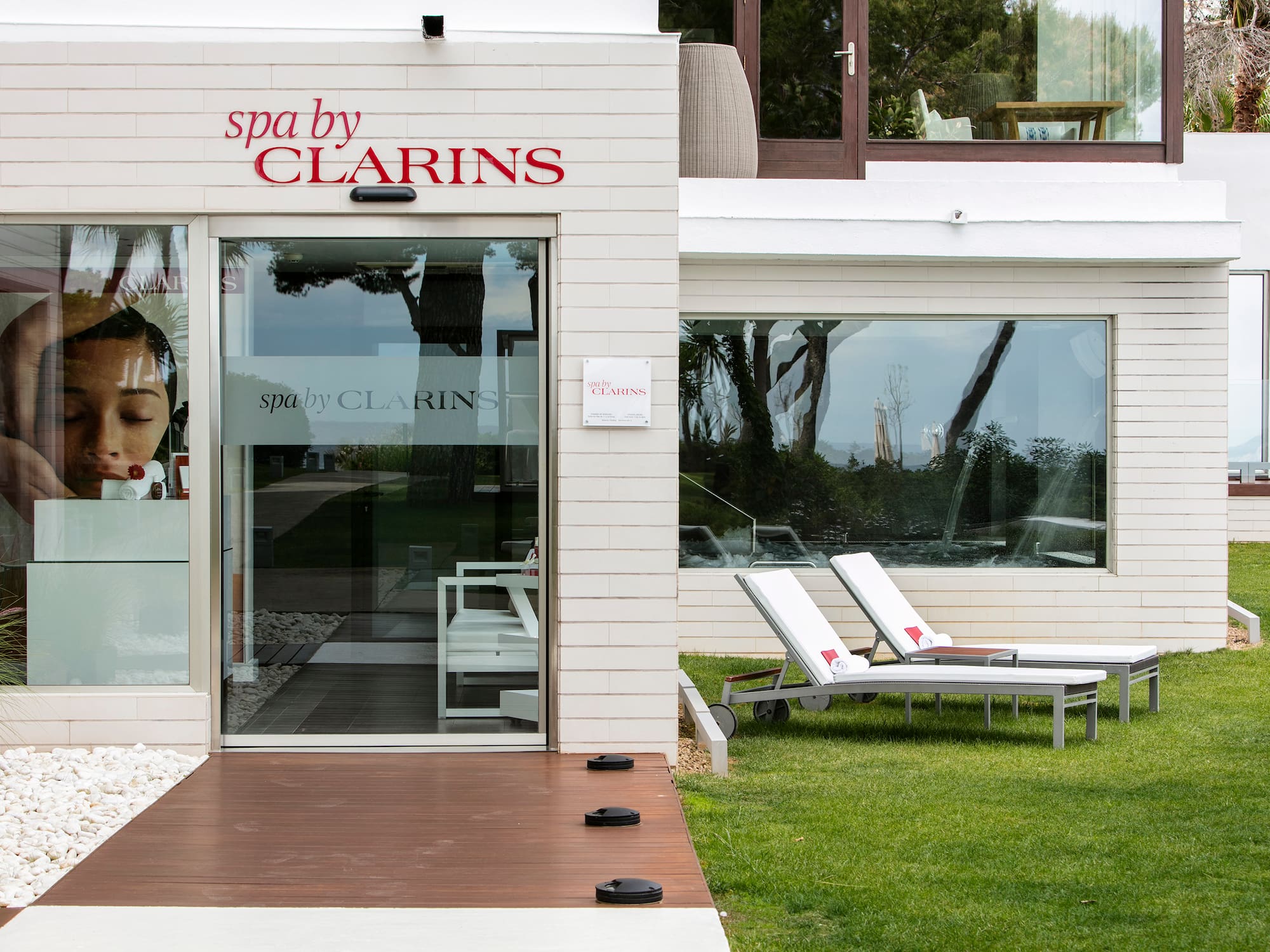 a white building with a sign on it