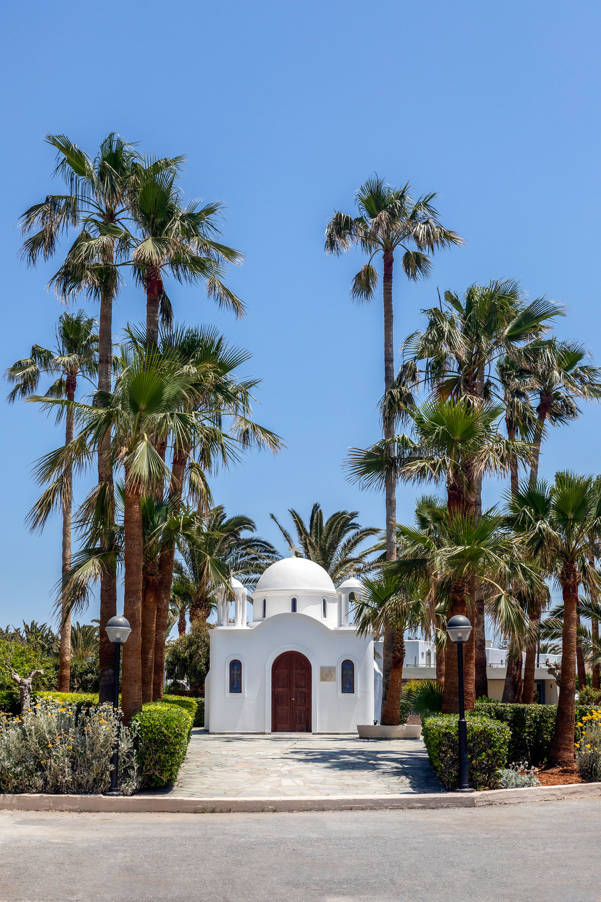White domed chapel surrounded by tall palm trees under a clear blue sky.