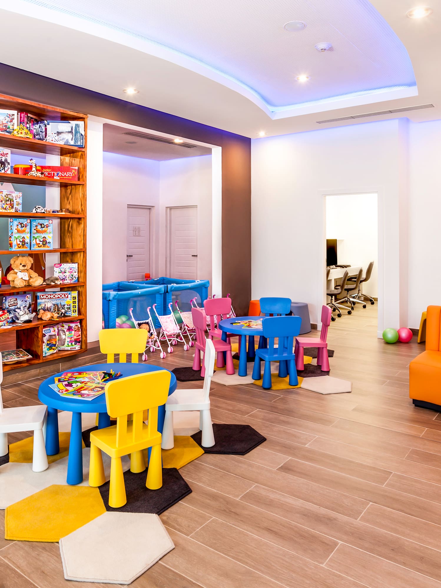 a room with a table and chairs