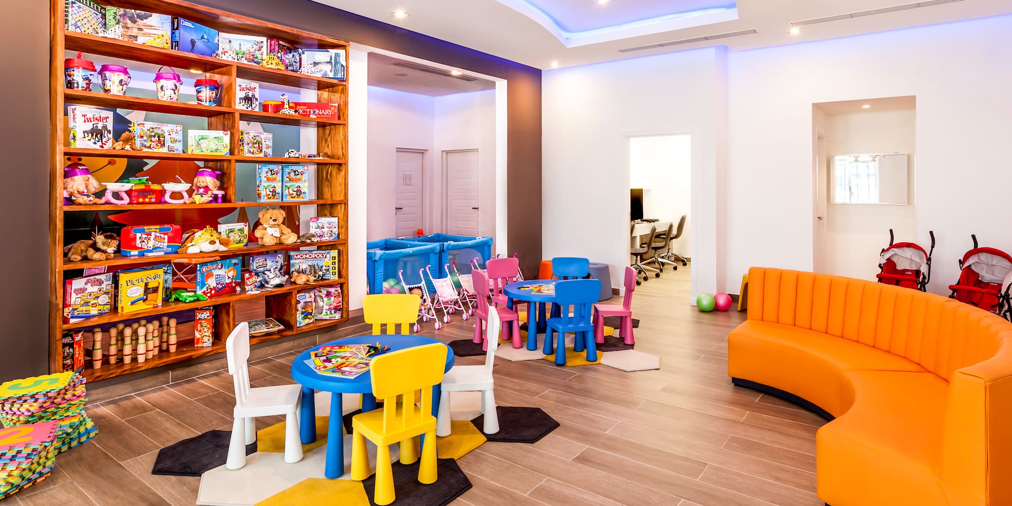 a room with a table and chairs