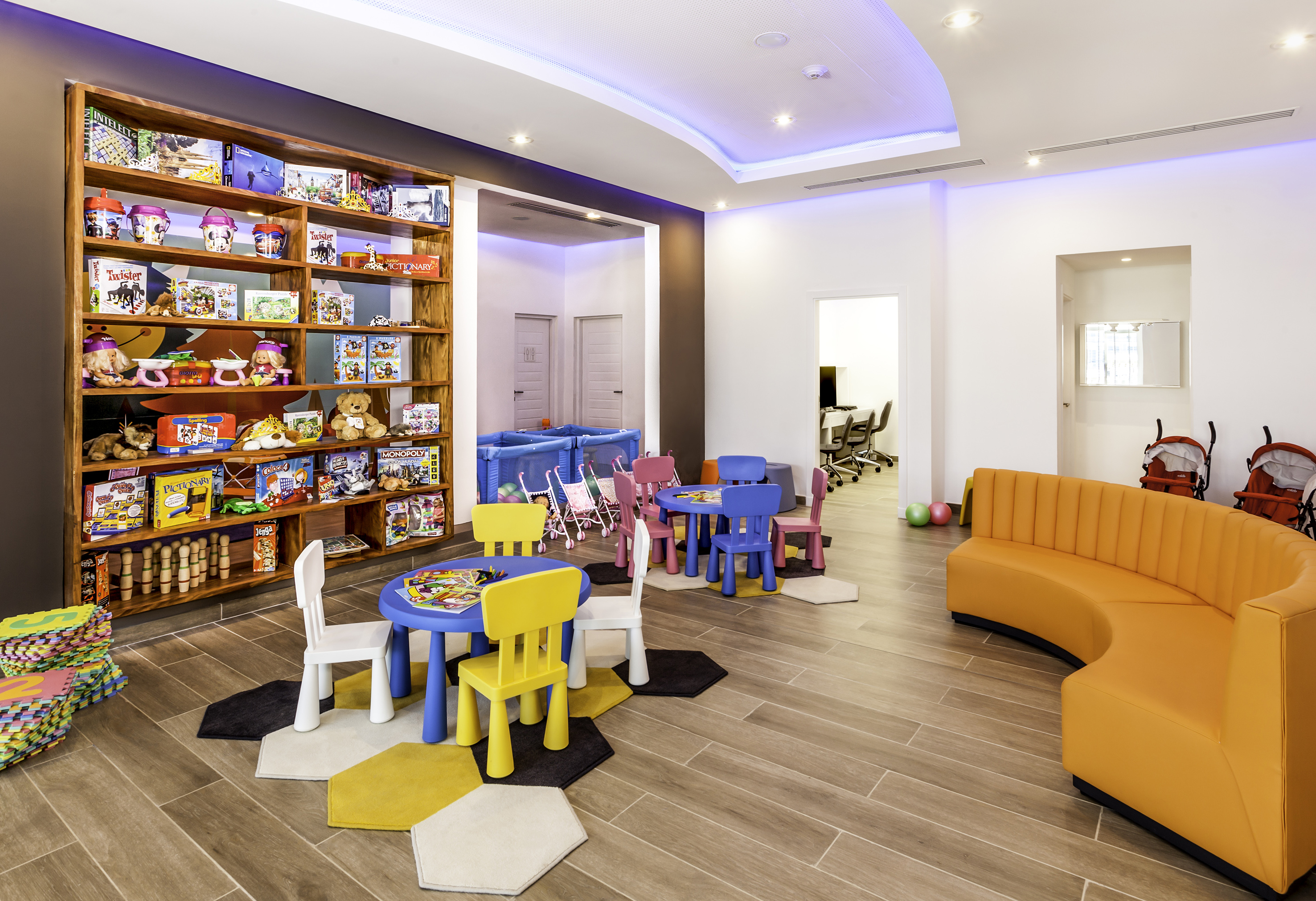 a room with a table and chairs