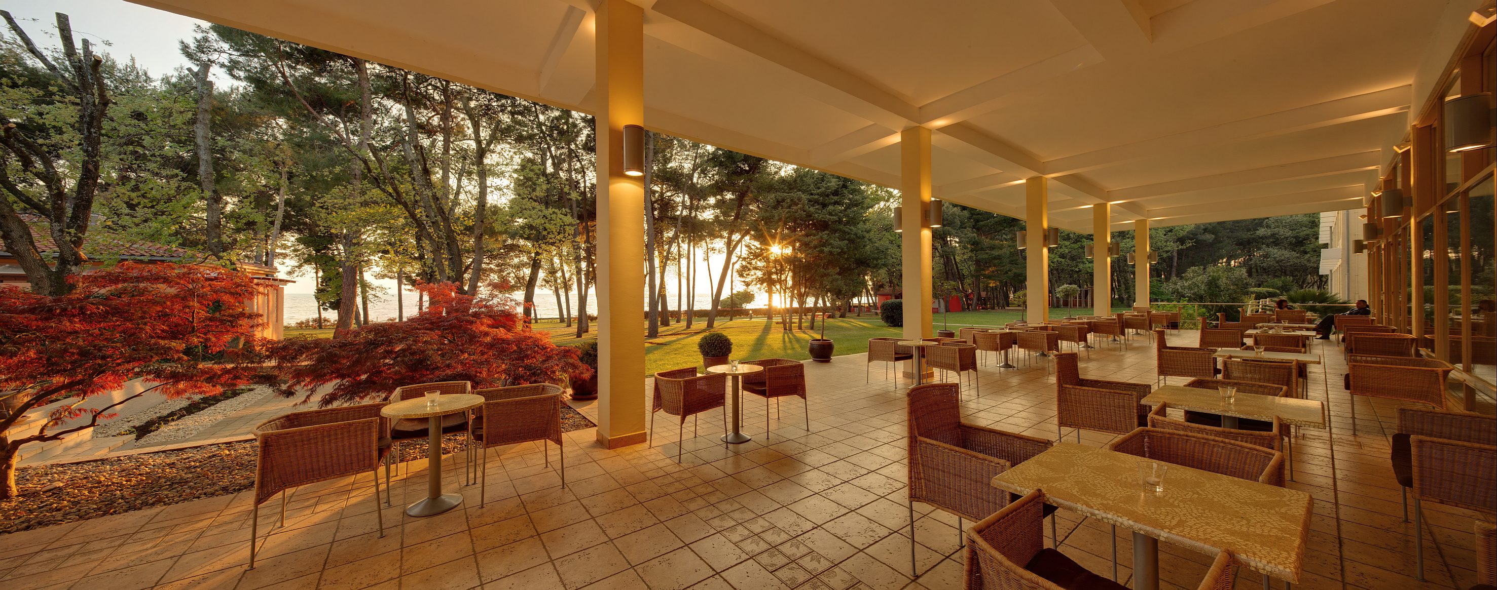 a patio with chairs and tables and trees