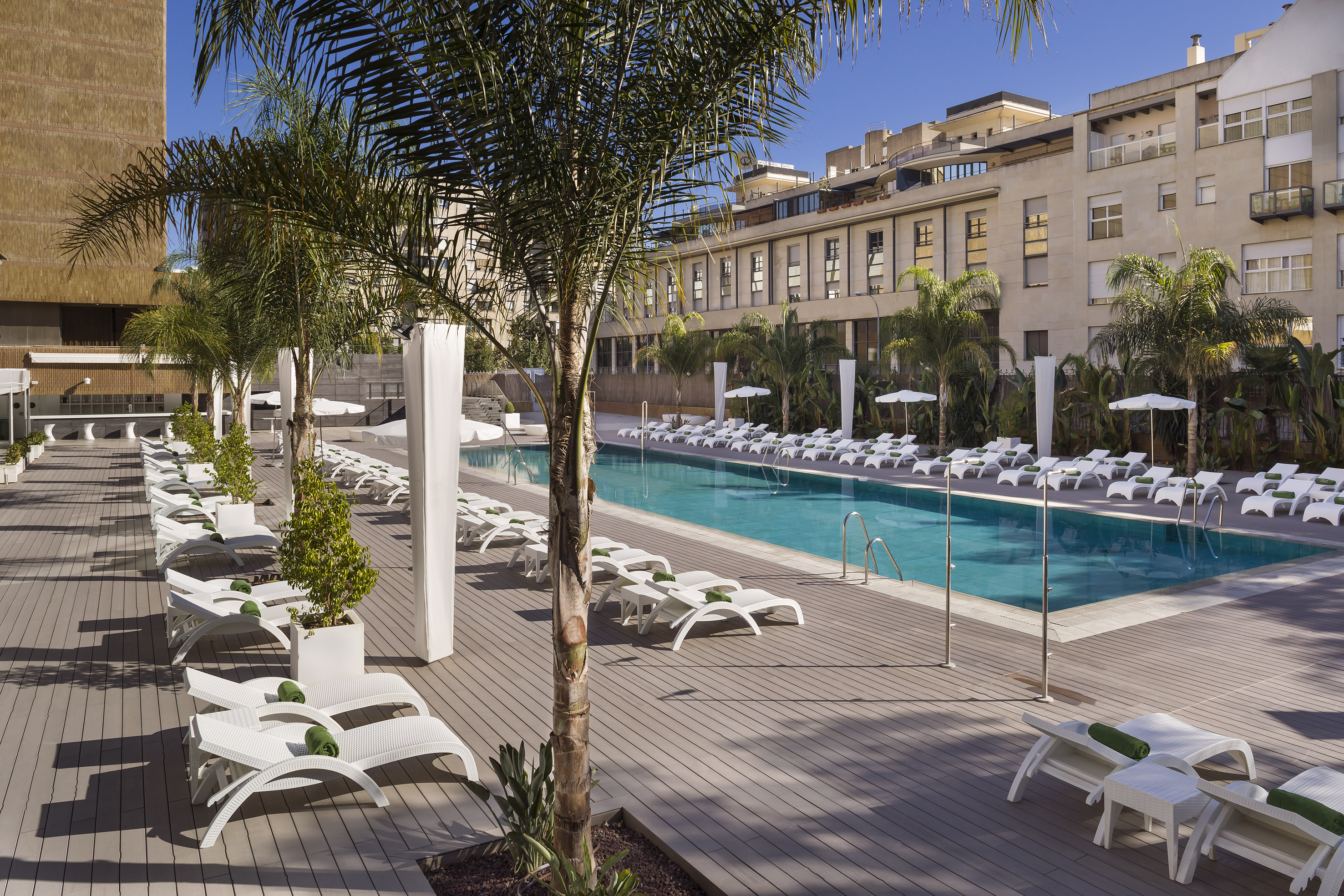 Sunny resort pool deck with white lounge chairs, palm trees, and hotel.