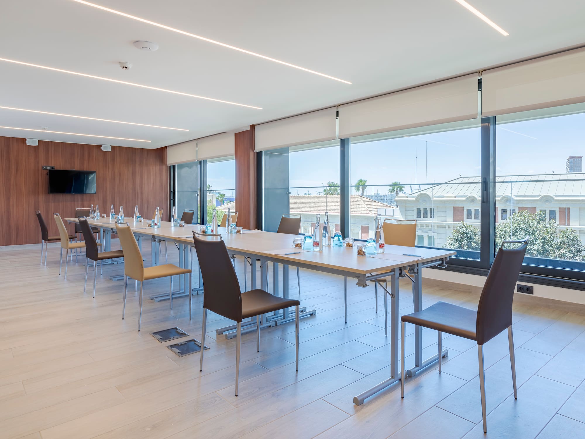 a room with a table and chairs