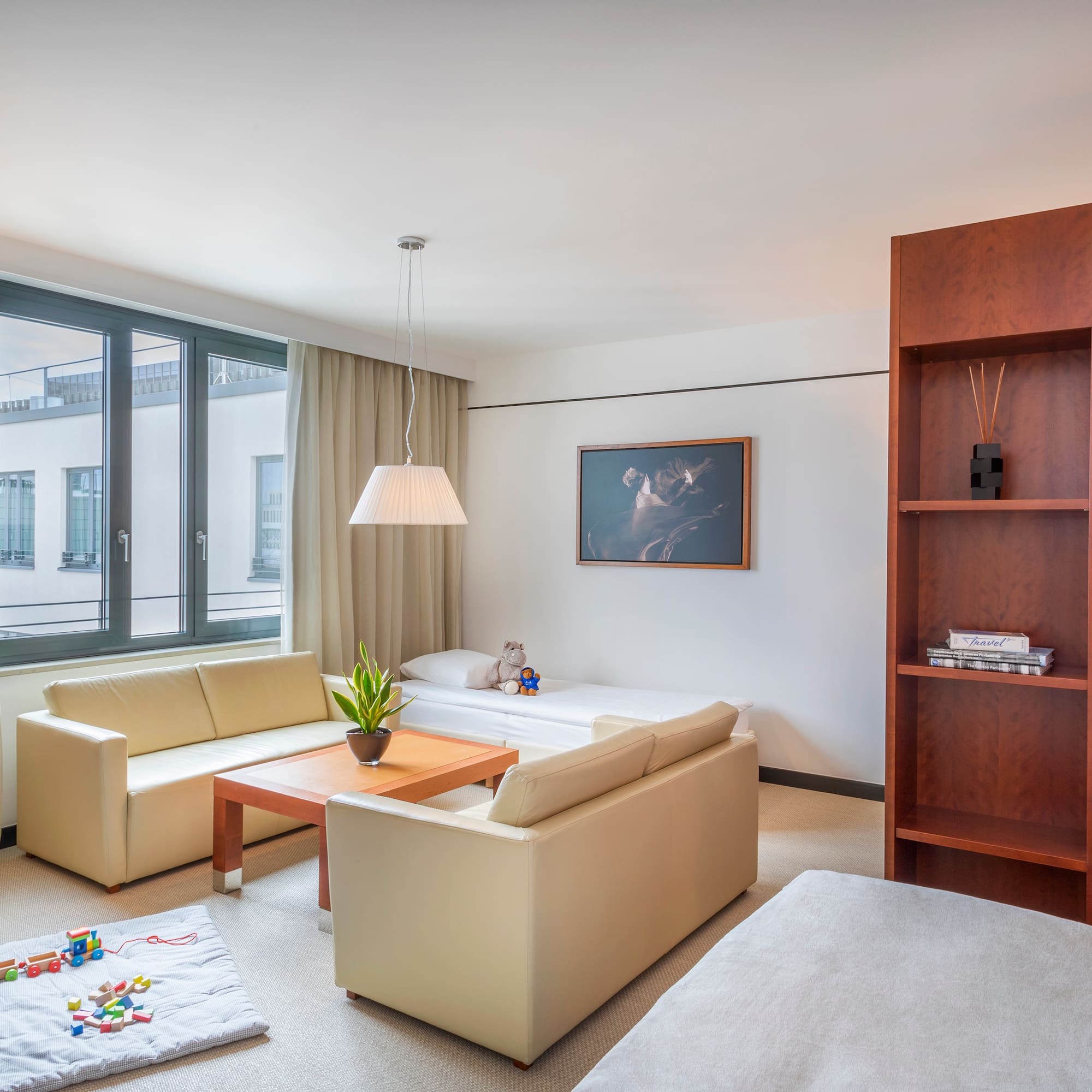 a living room with couches and a bookcase