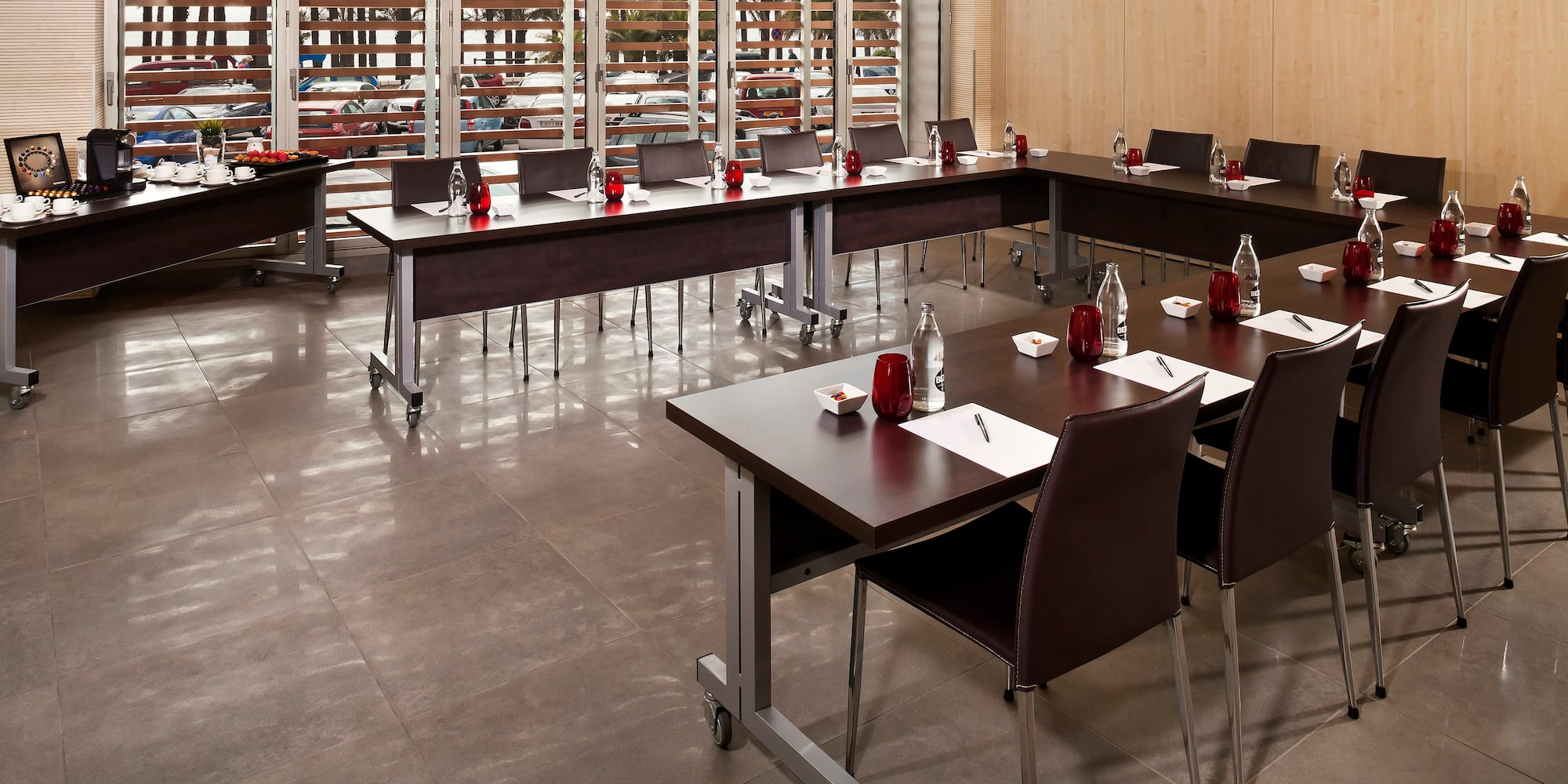 a room with tables and chairs