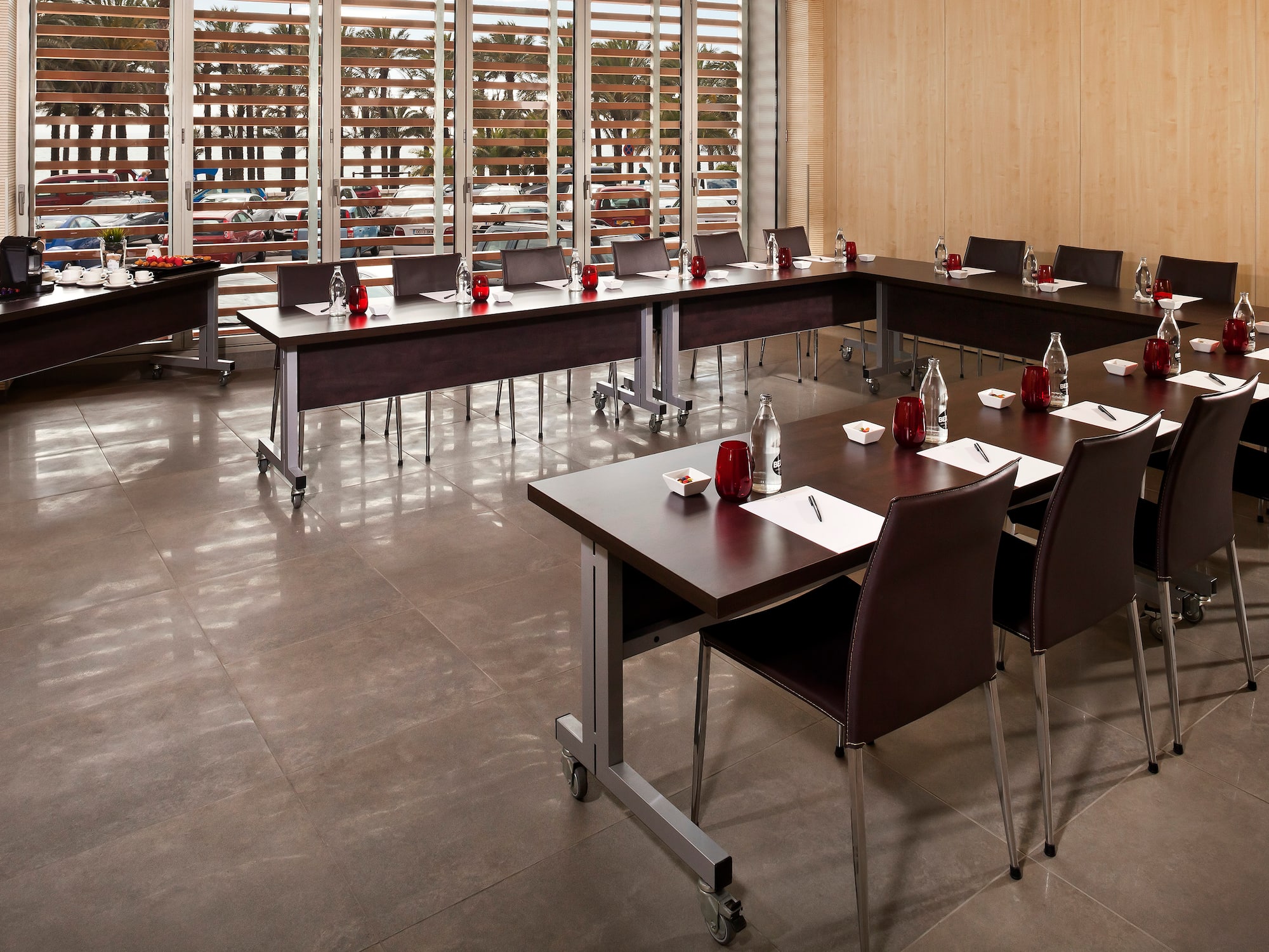 a room with tables and chairs