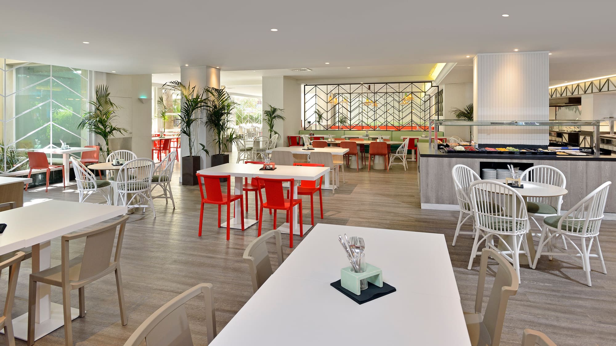 a room with tables and chairs