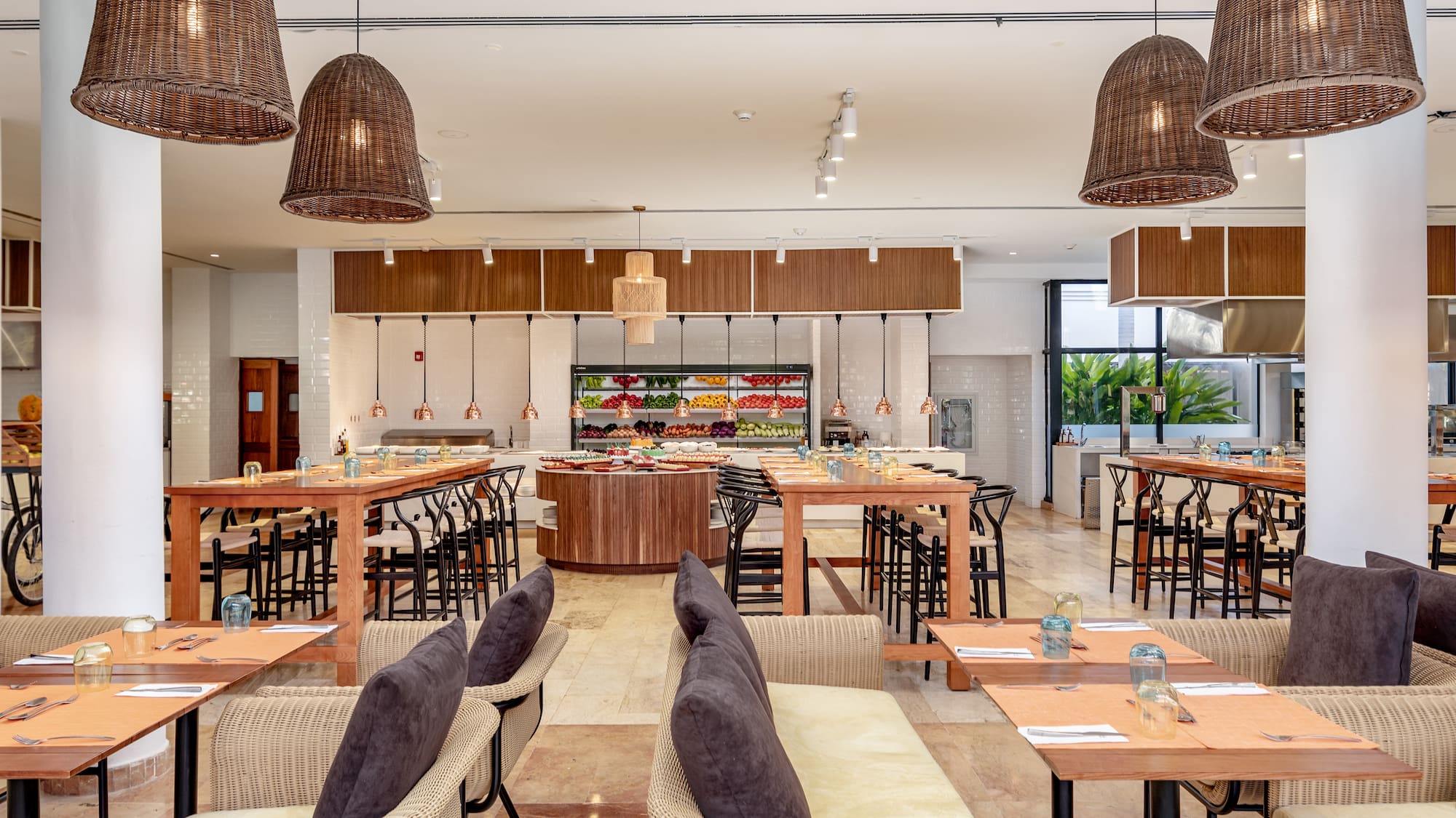 a room with tables and chairs