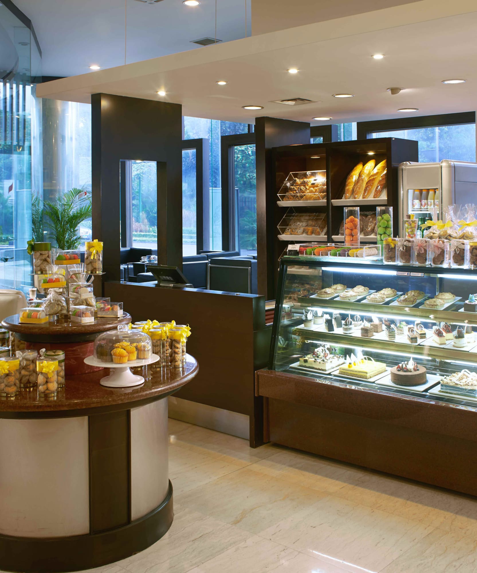 a bakery with a display of food
