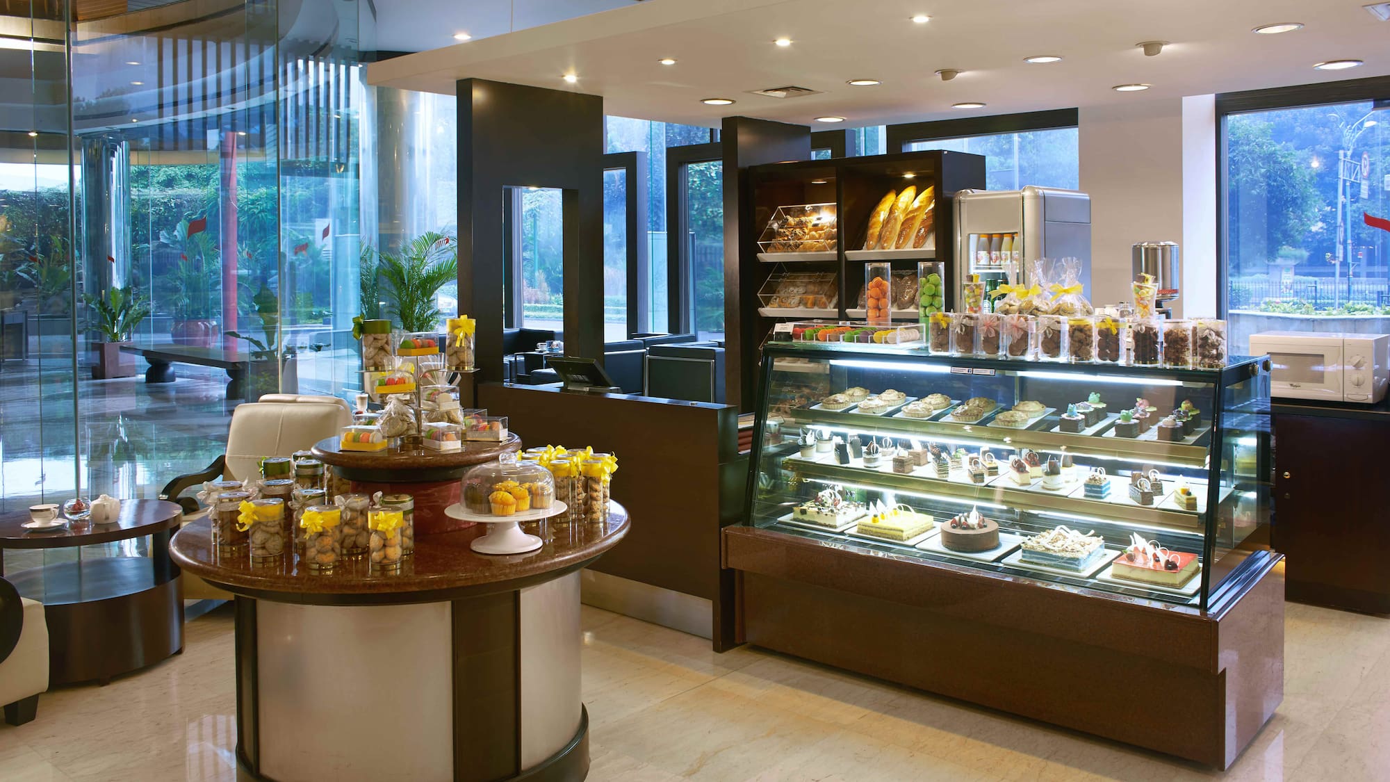 a bakery with a display of food