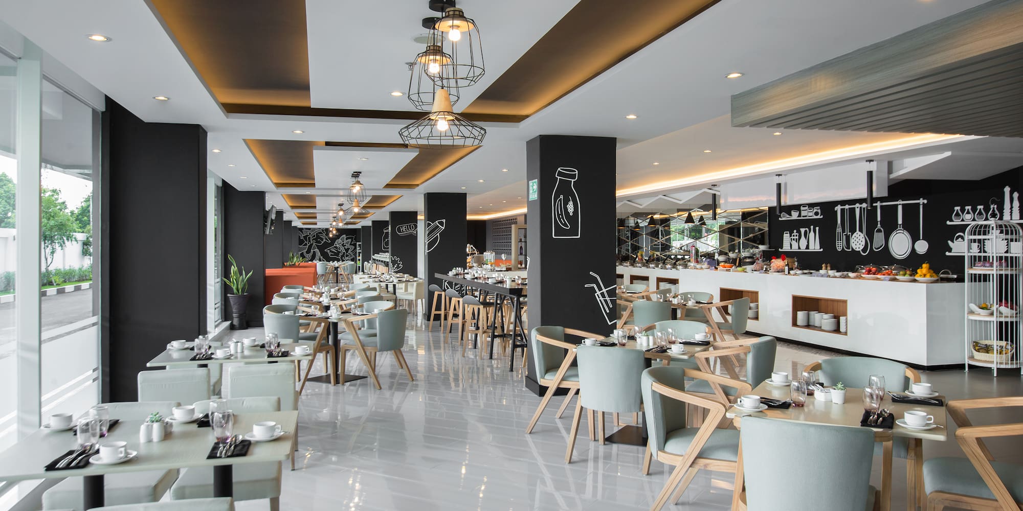 a restaurant with tables and chairs