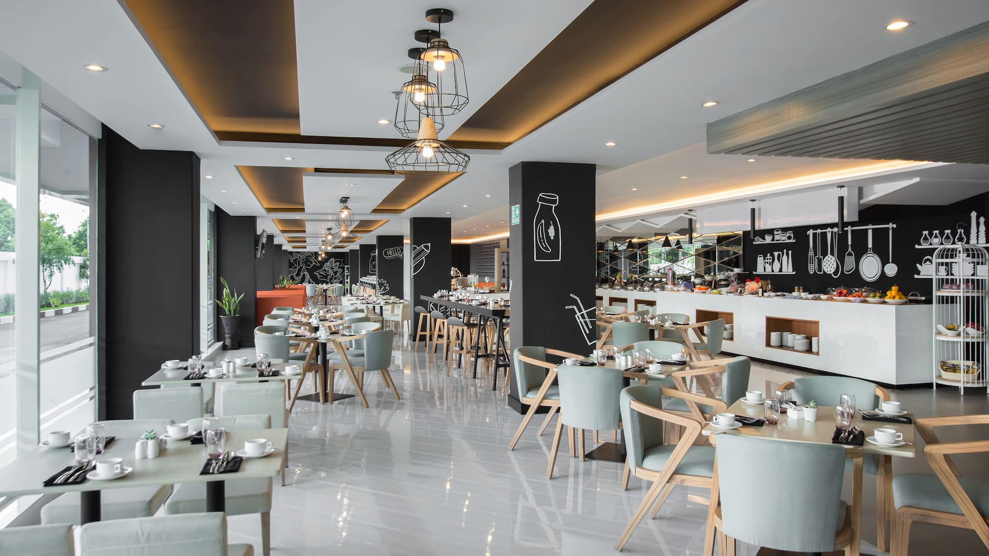 a restaurant with tables and chairs