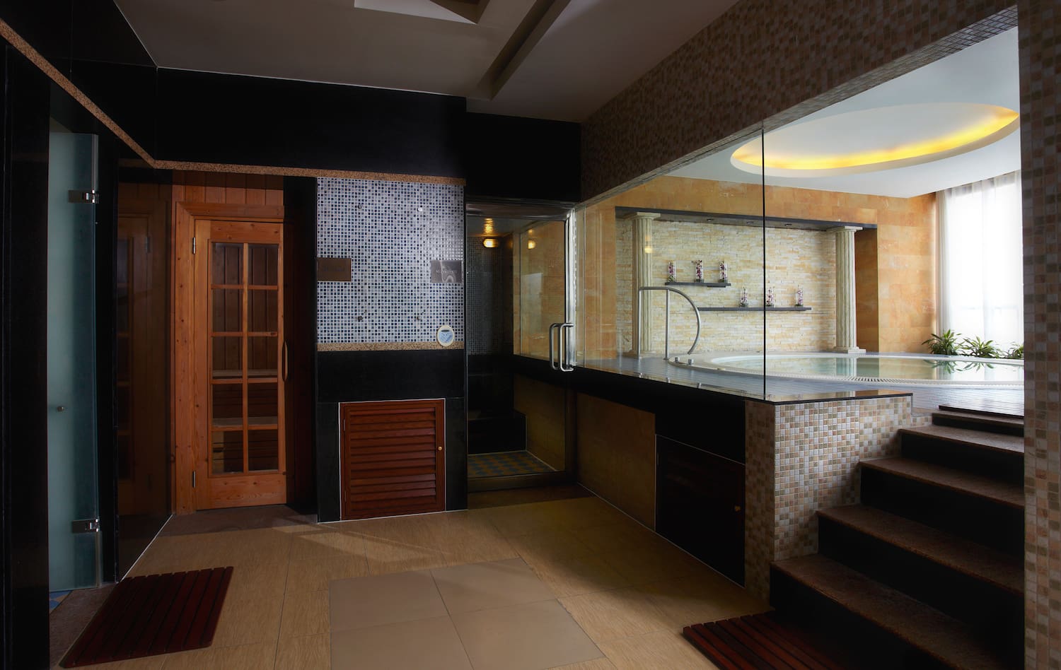 a room with a glass wall and a tub