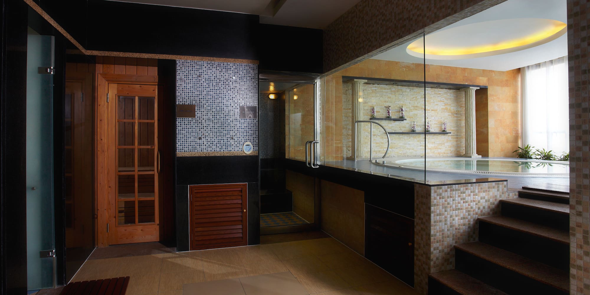 a room with a glass wall and a tub