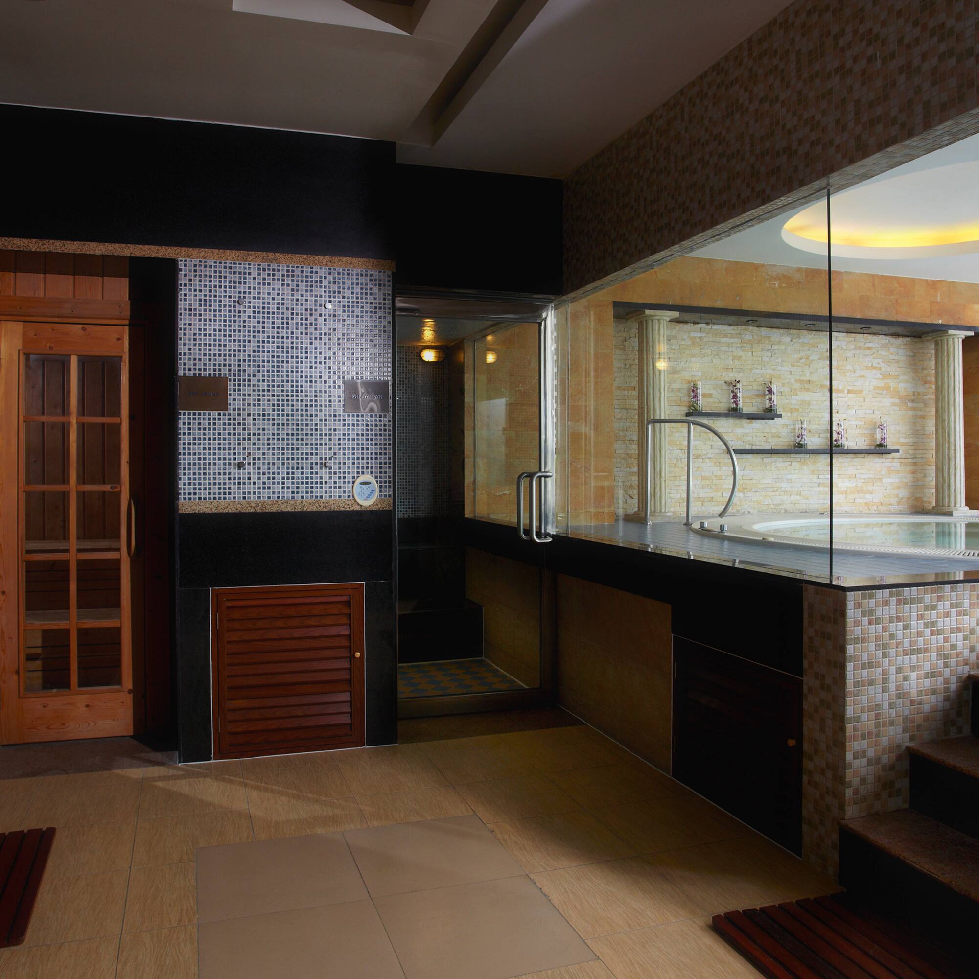 a room with a glass wall and a tub