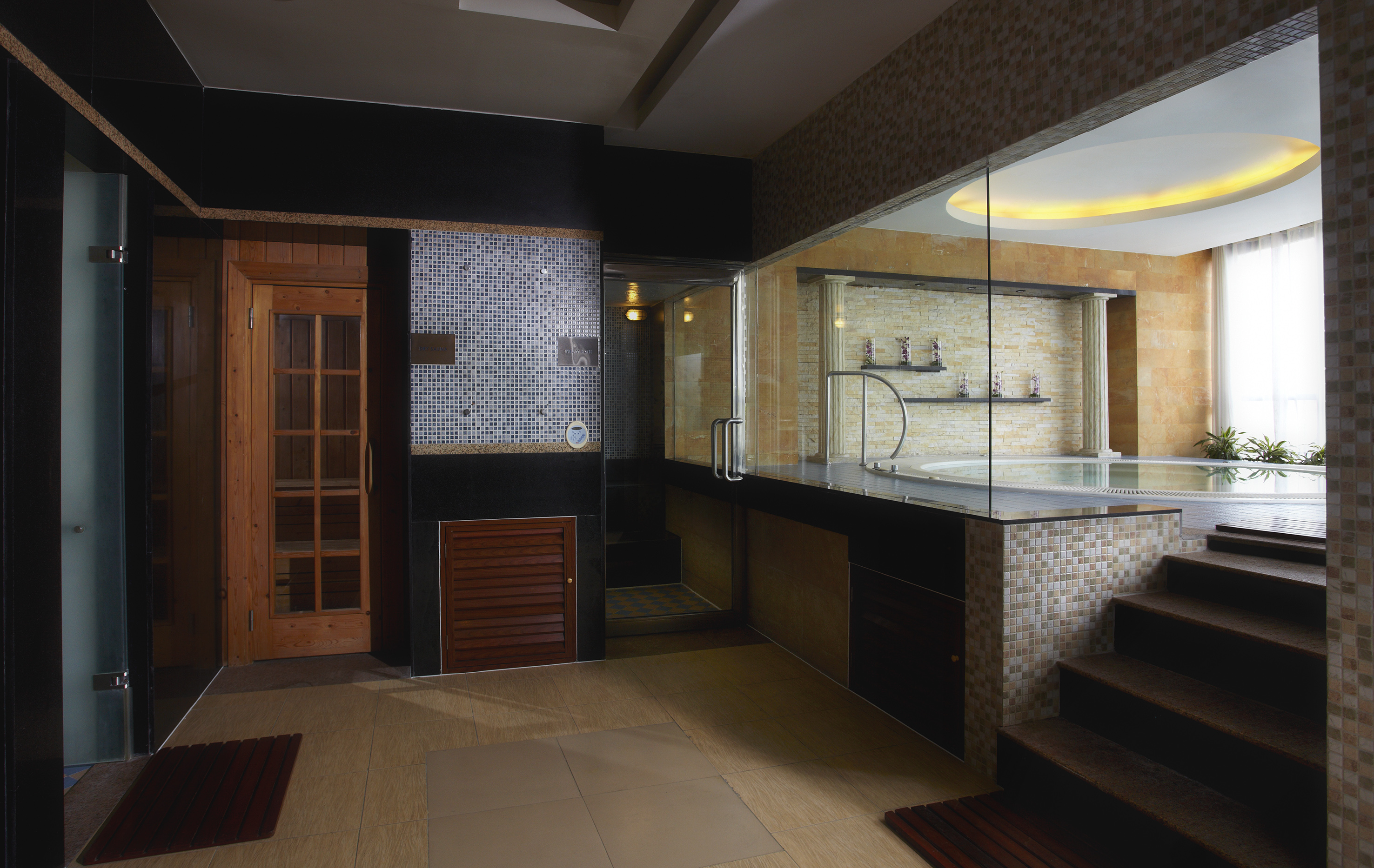 a room with a glass wall and a tub