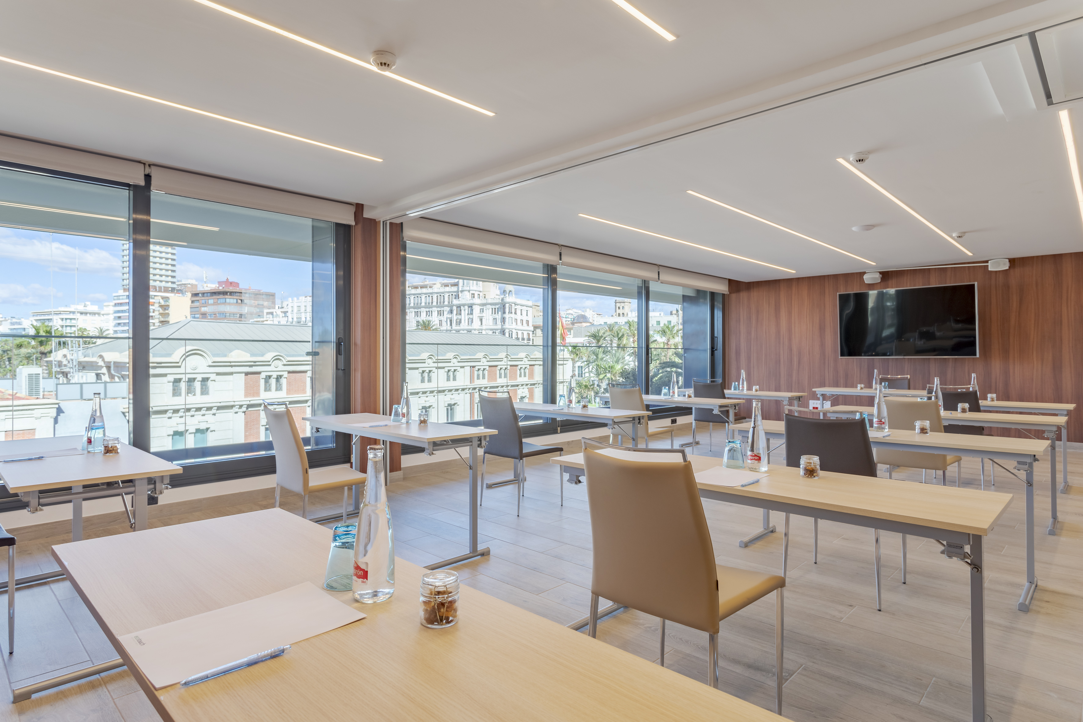a room with tables and chairs