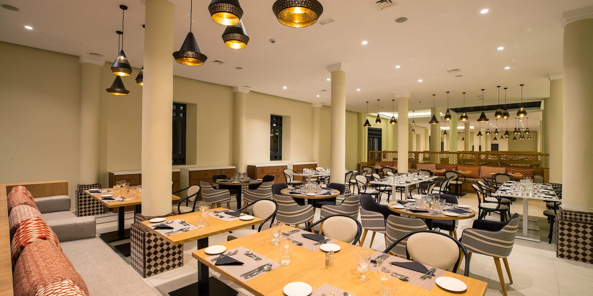 a room with tables and chairs