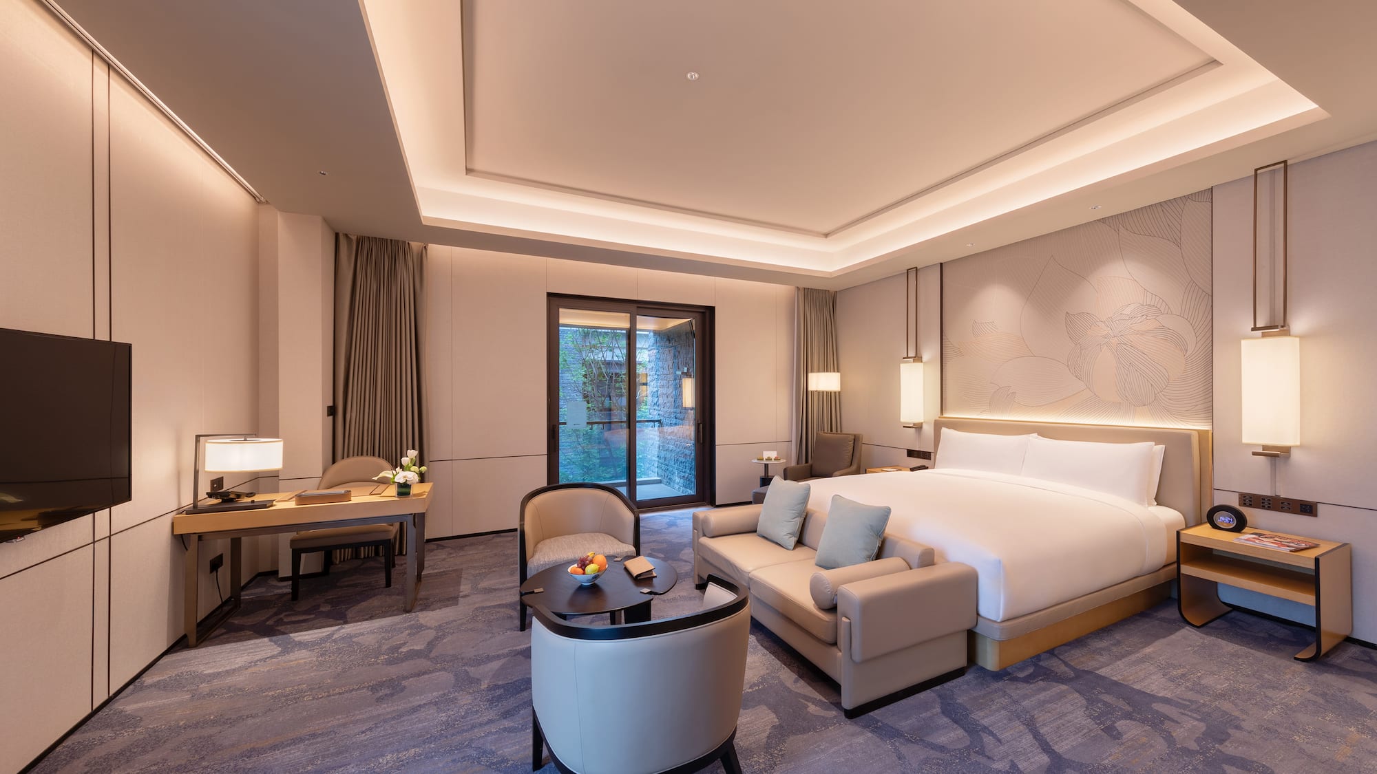 a room with a bed and a table