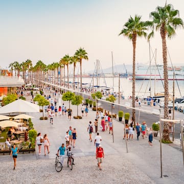 a group of people walking on a sidewalk with palm trees and boats