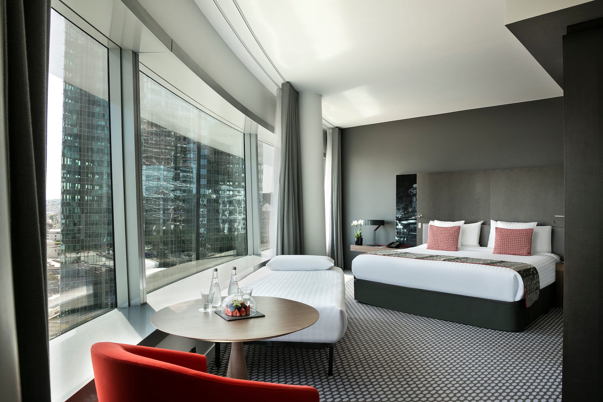 a room with a bed and a table